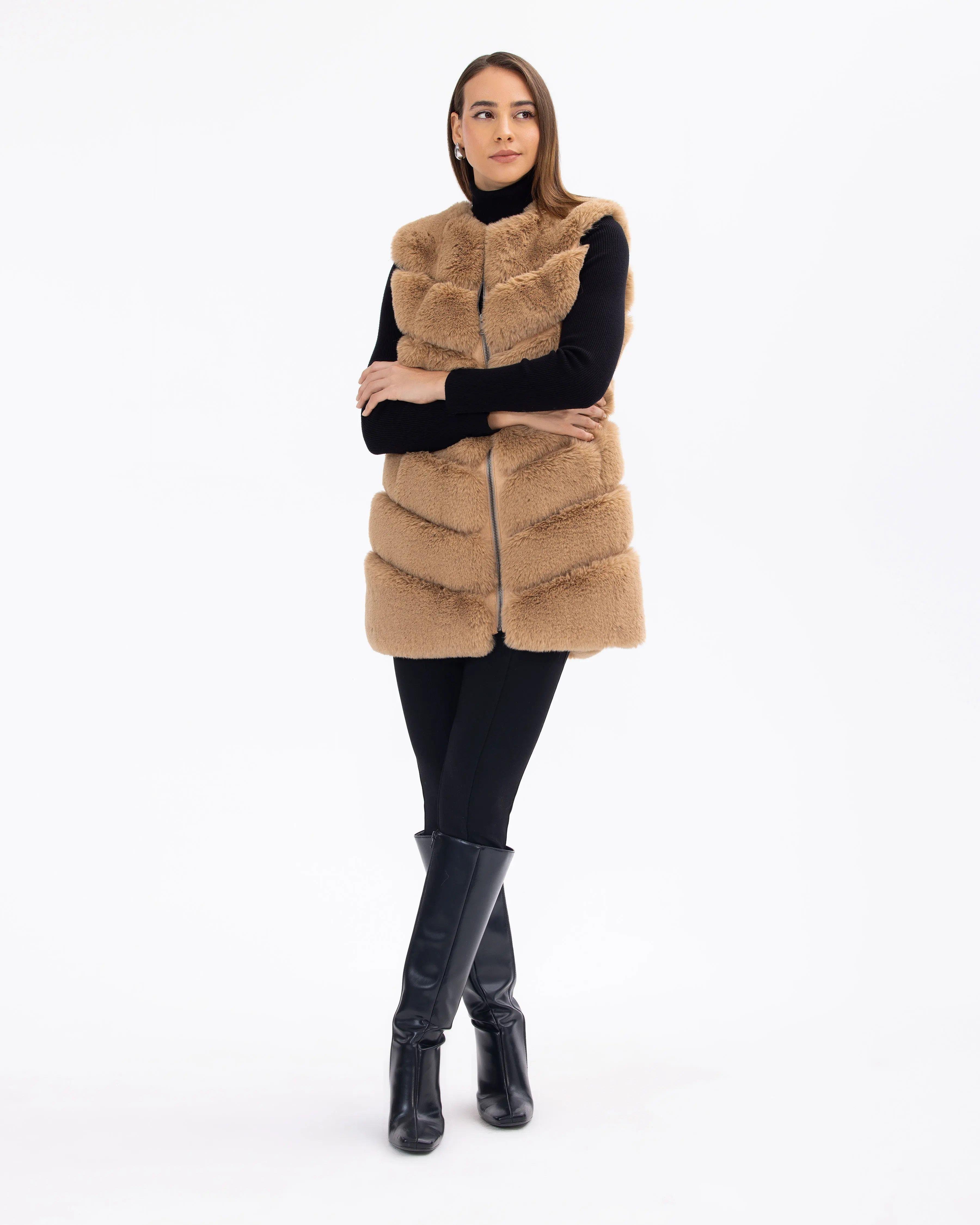 Kısa Kürk Yelek - Camel