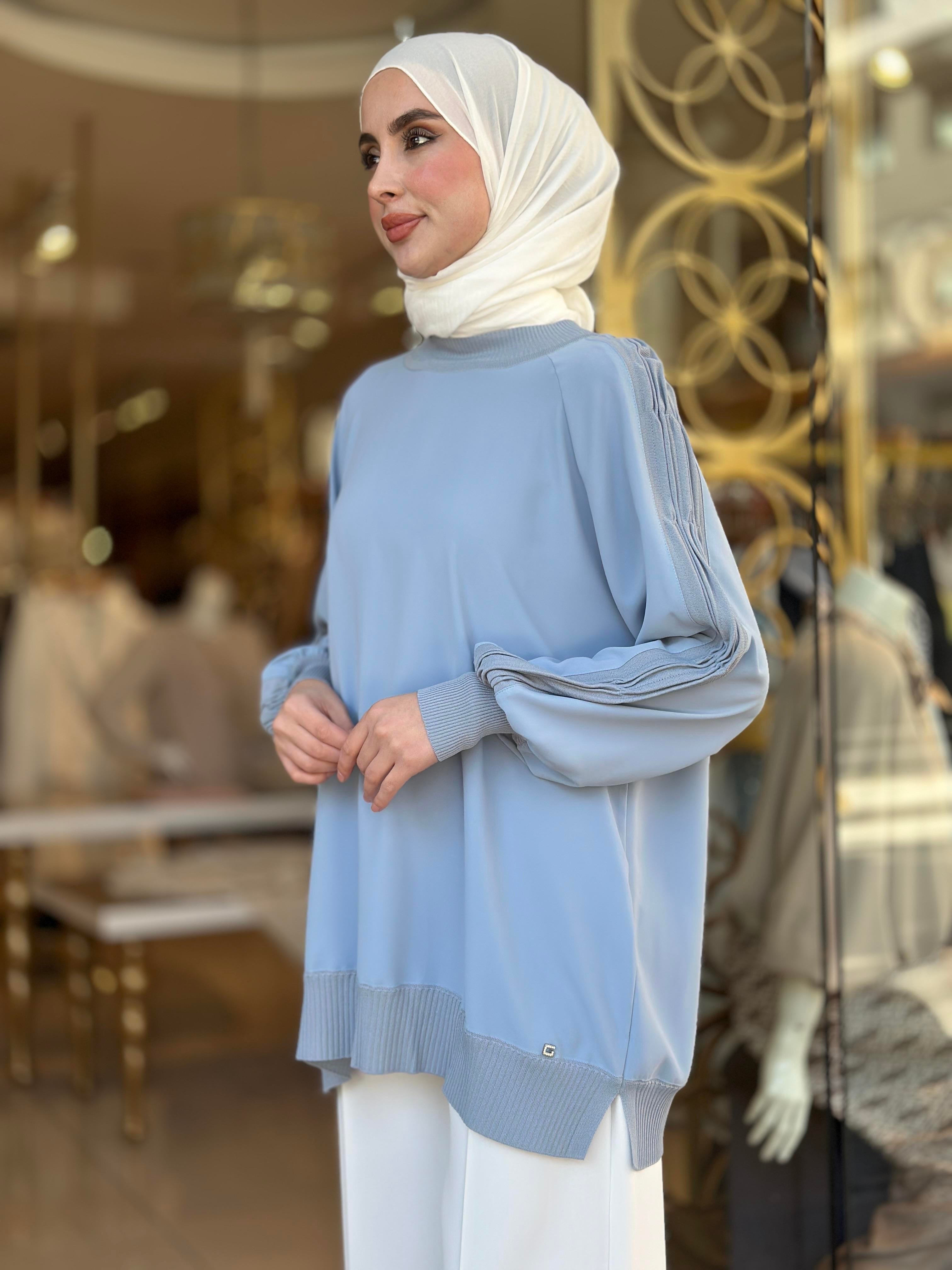 Kol Merserize Detay Tunik - Mavi