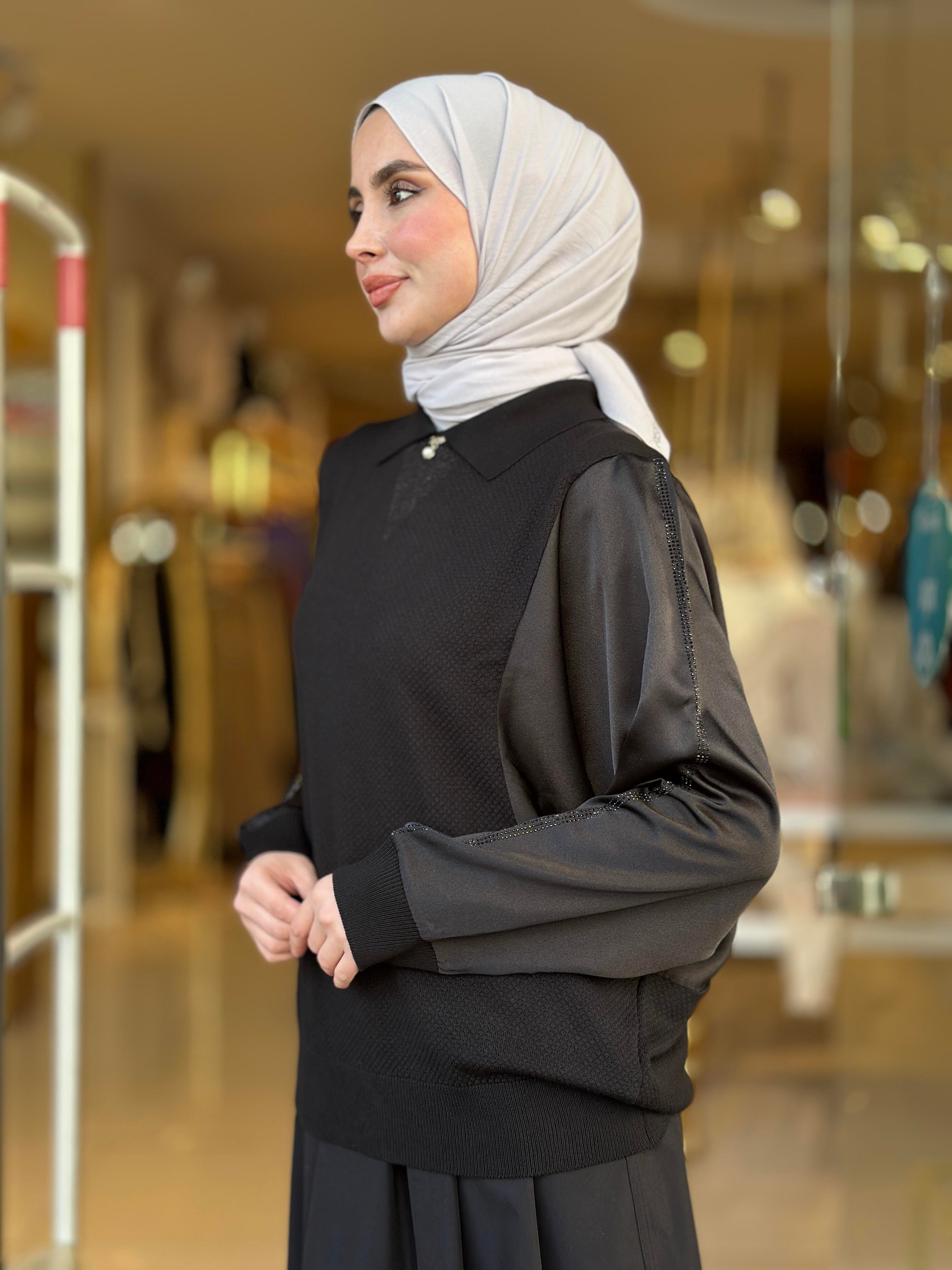 Kol Taş İşlemeli Saten Merserize Tunik - Siyah