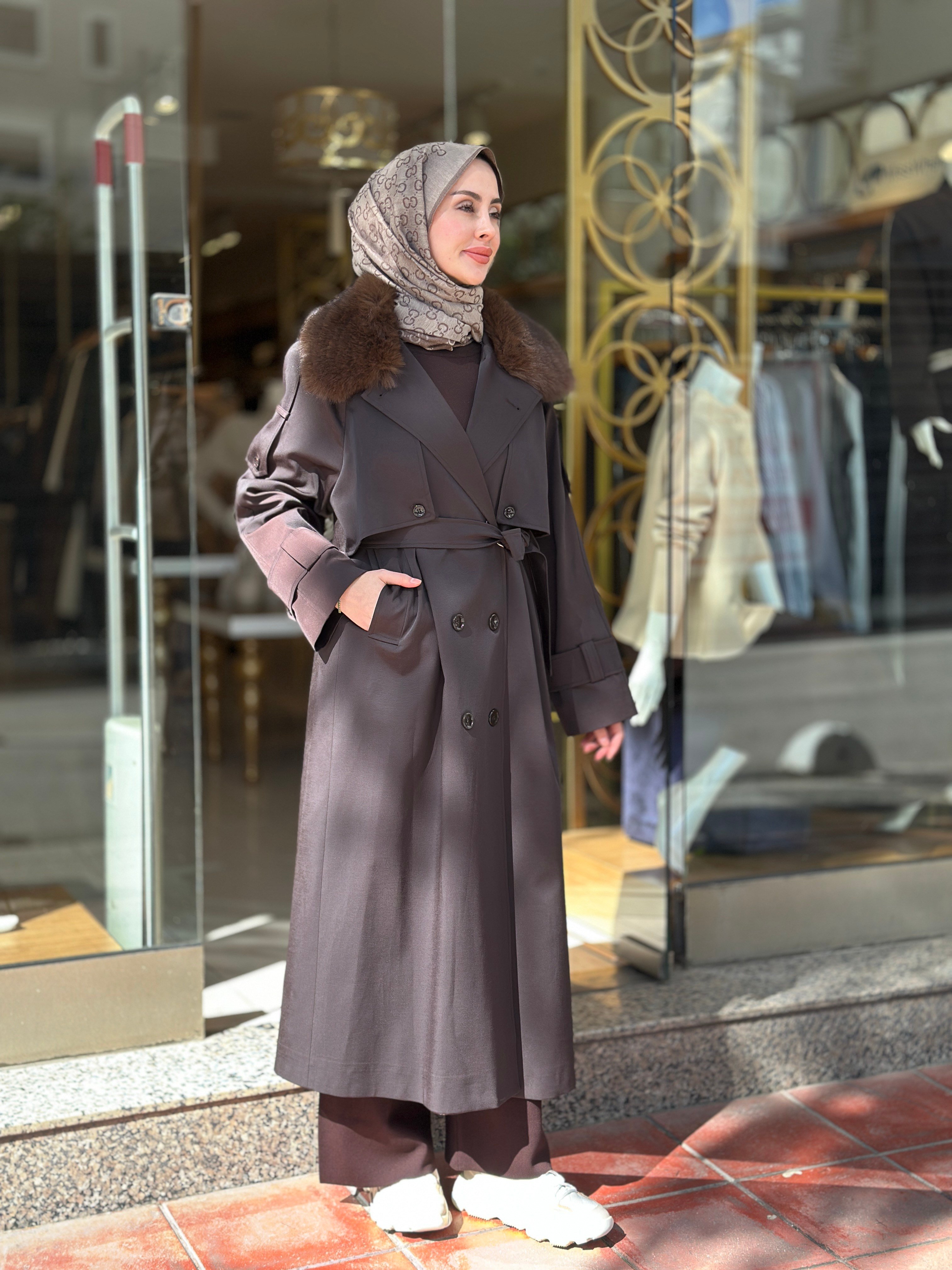 Kürklü Rose Trençkot - Kahverengi