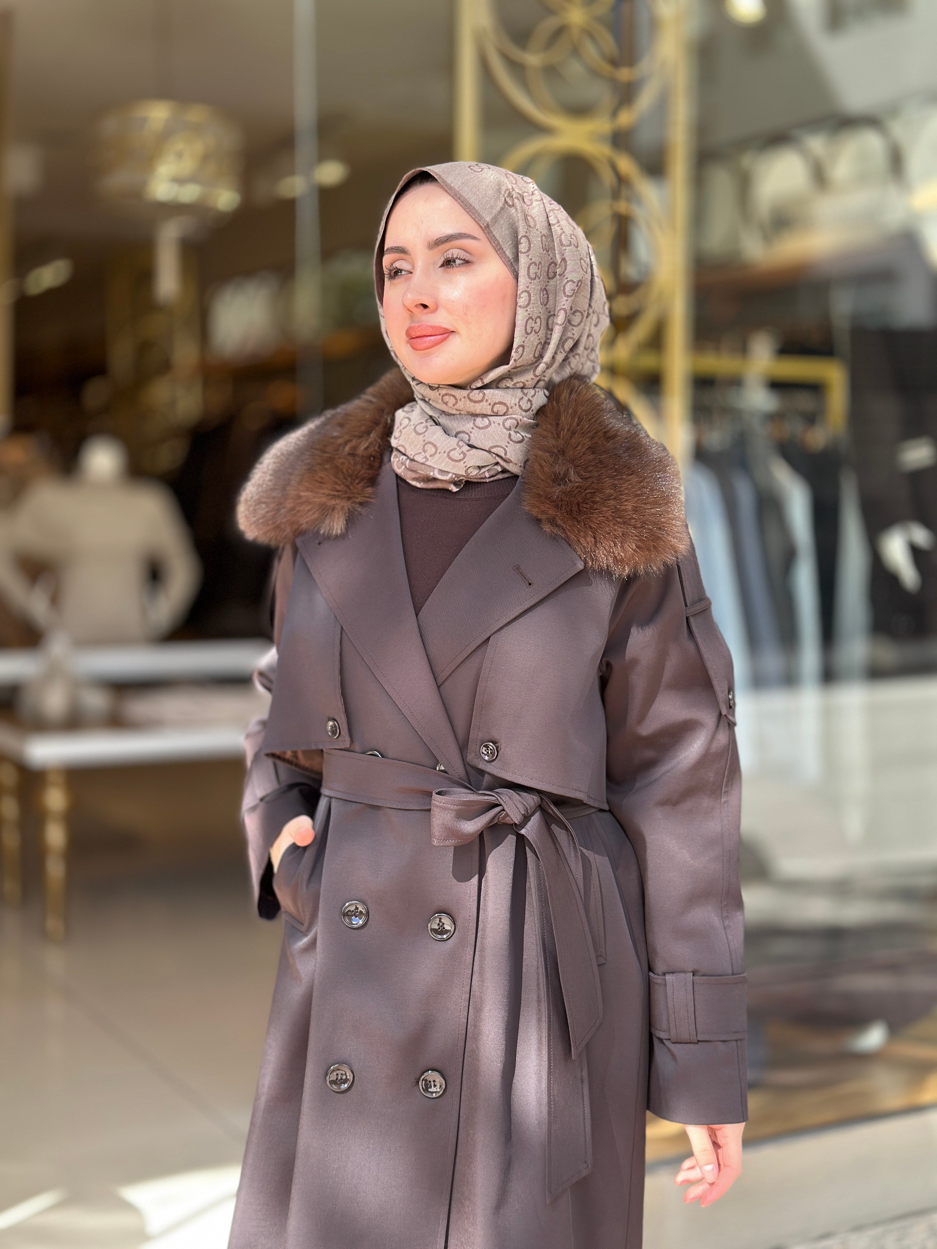 Kürklü Rose Trençkot - Kahverengi
