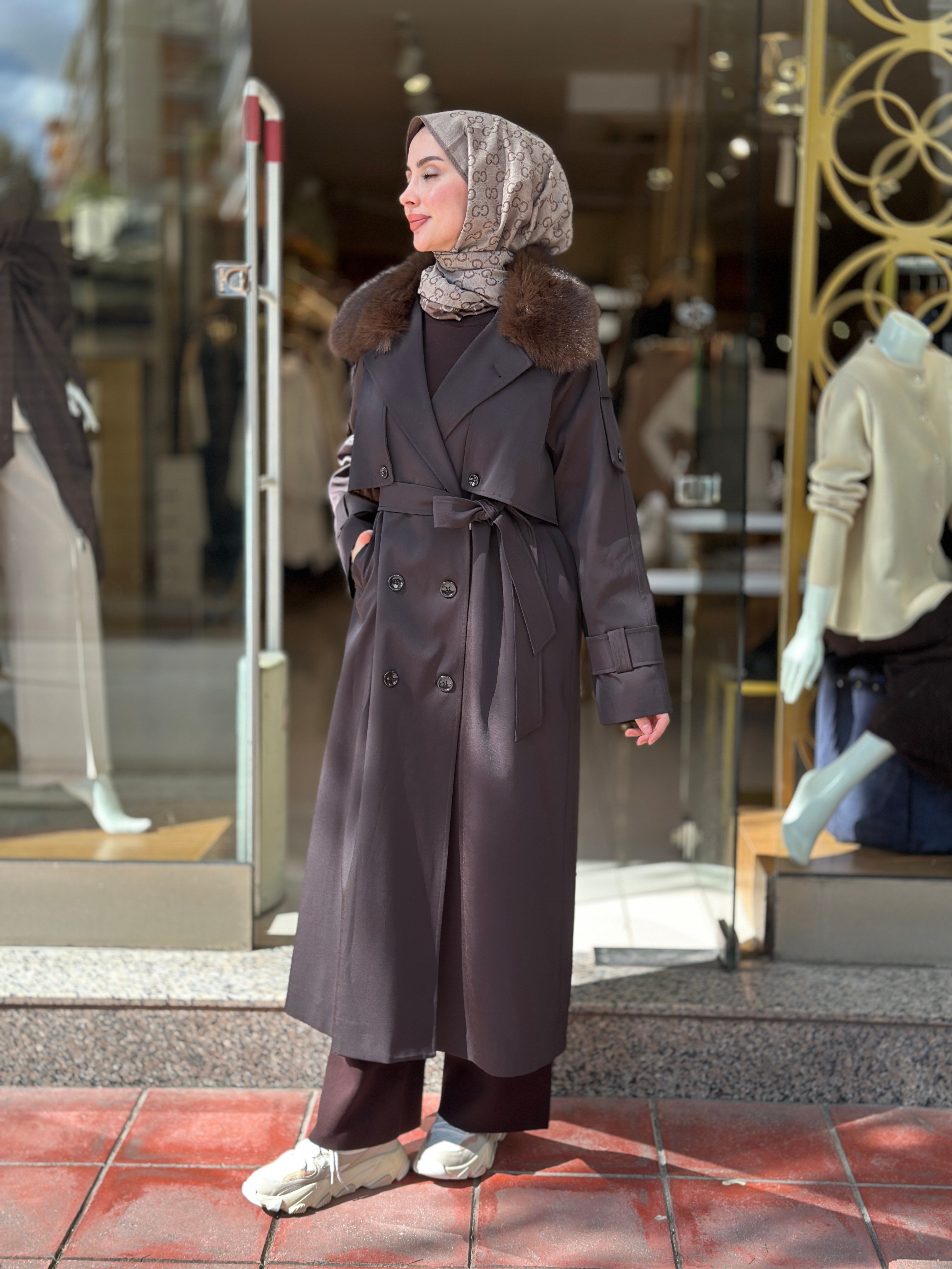 Kürklü Rose Trençkot - Kahverengi