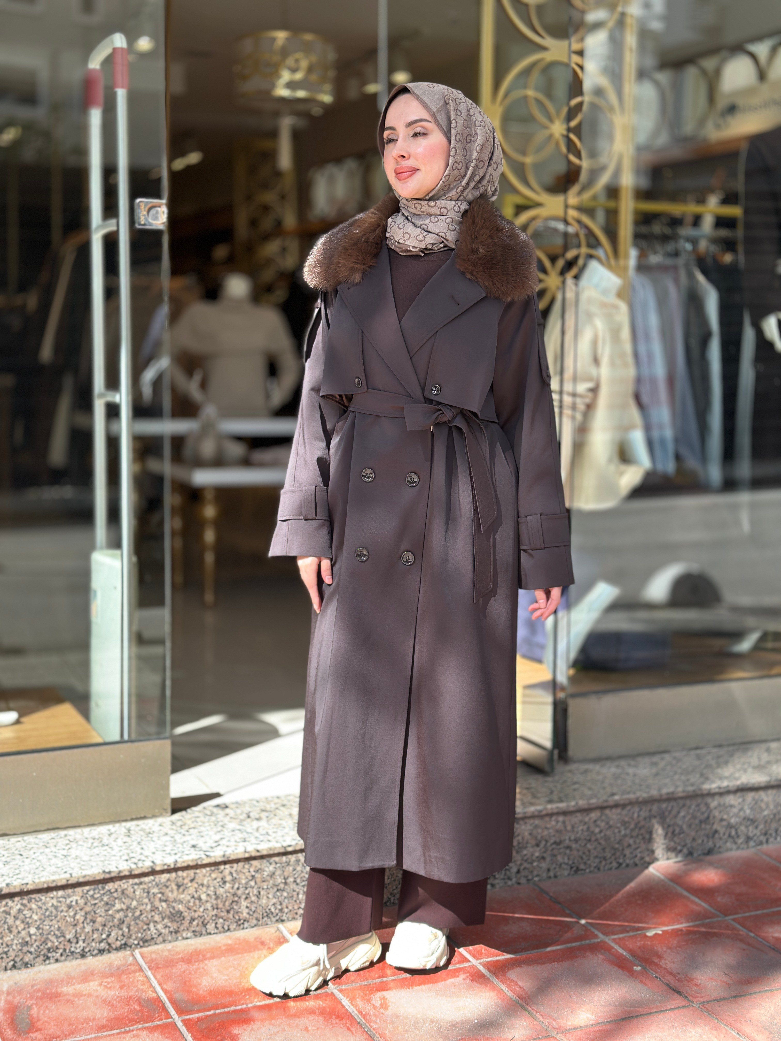 Kürklü Rose Trençkot - Kahverengi
