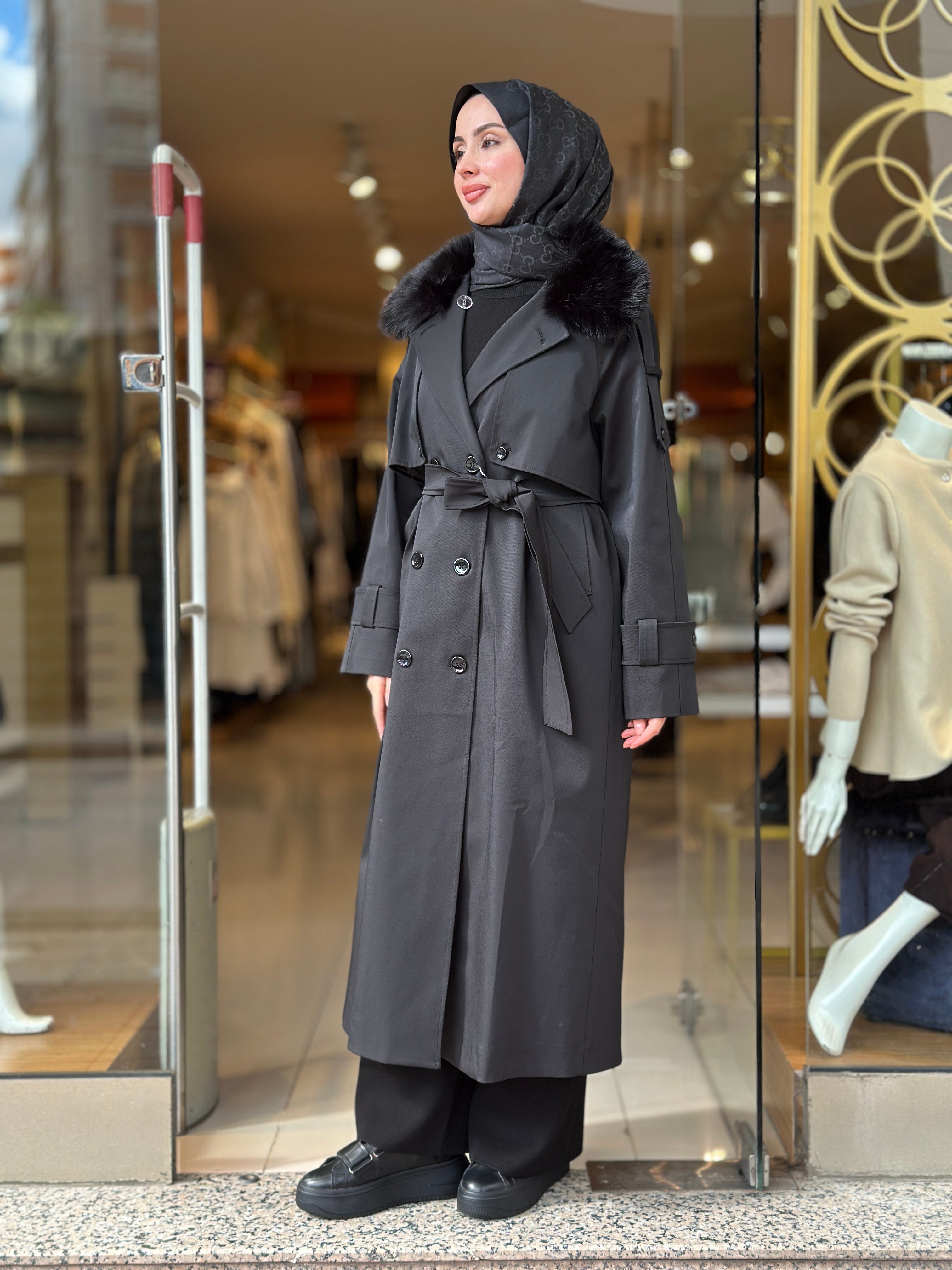 Kürklü Rose Trençkot - Siyah