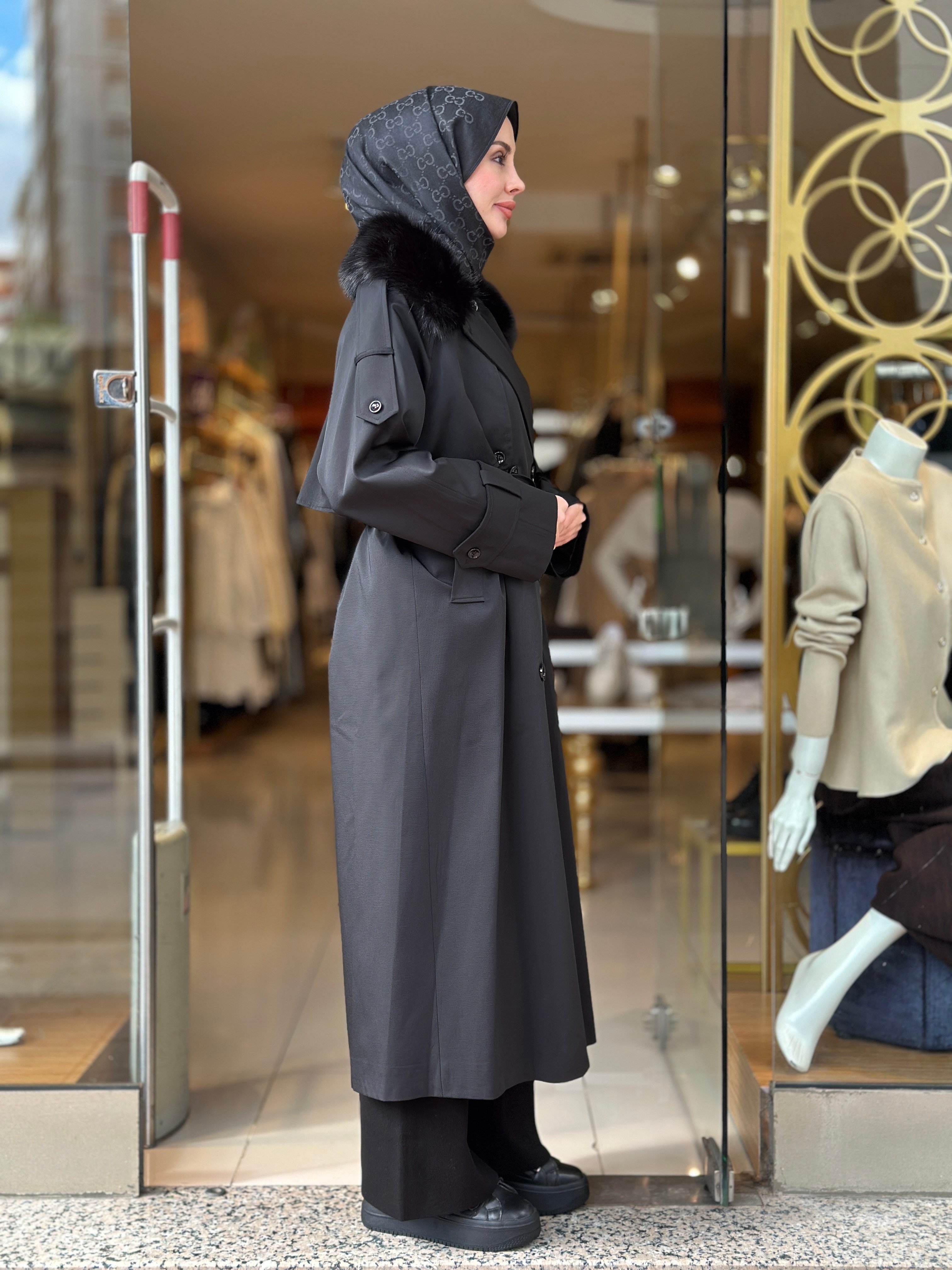 Kürklü Rose Trençkot - Siyah