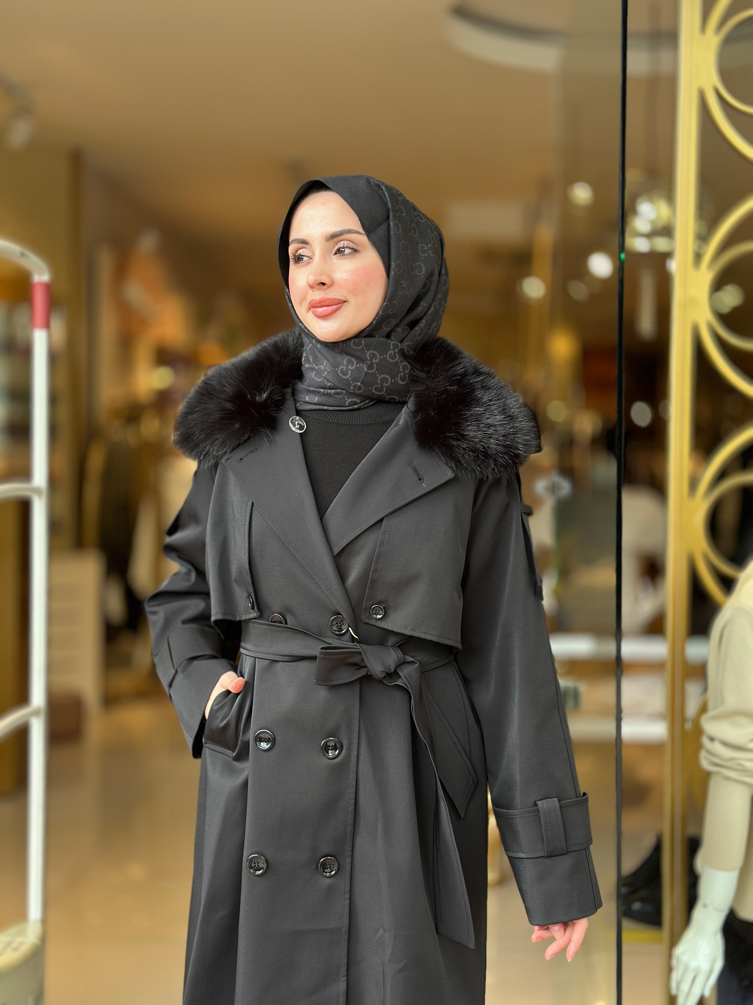 Kürklü Rose Trençkot - Siyah