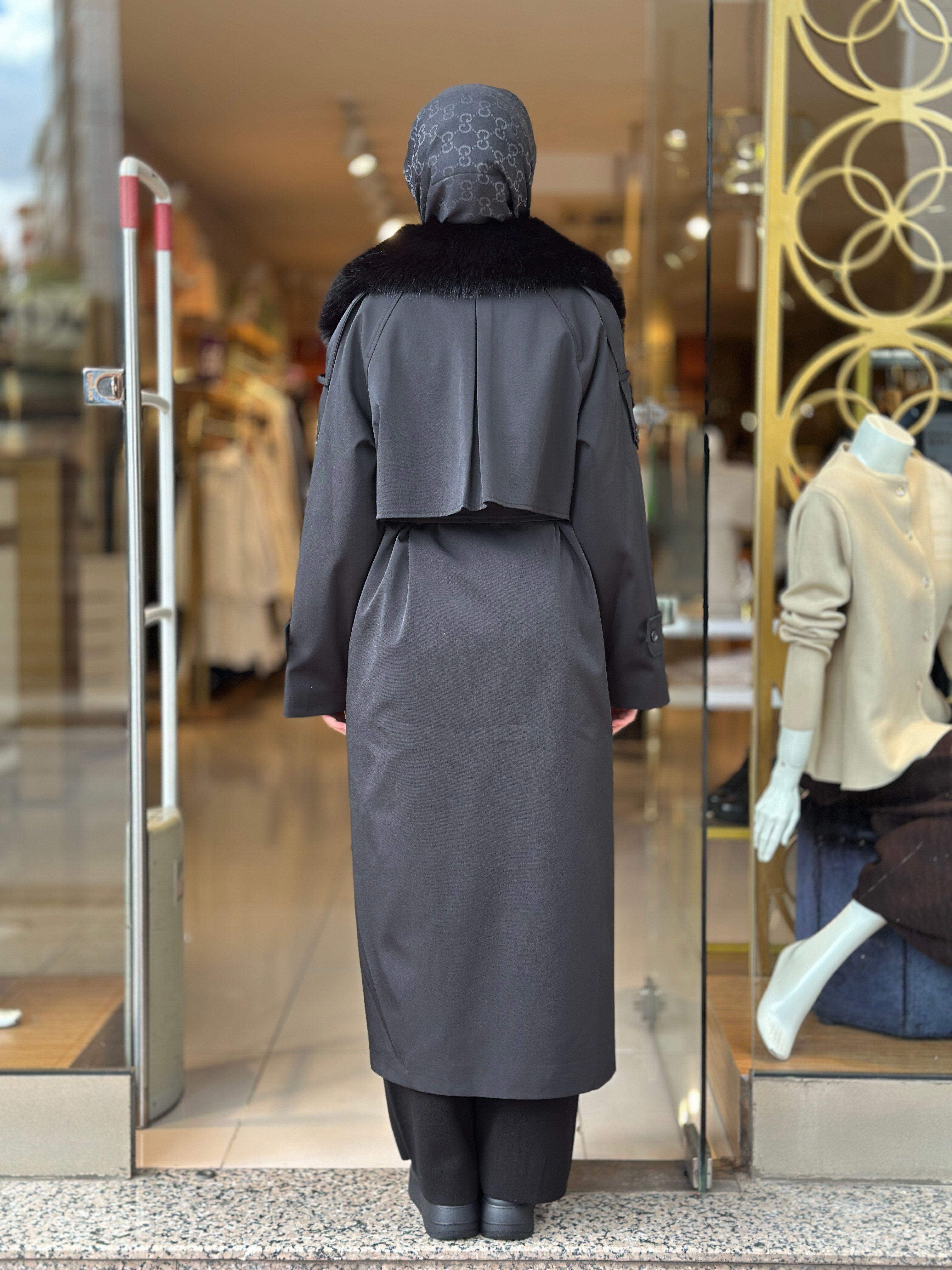 Kürklü Rose Trençkot - Siyah