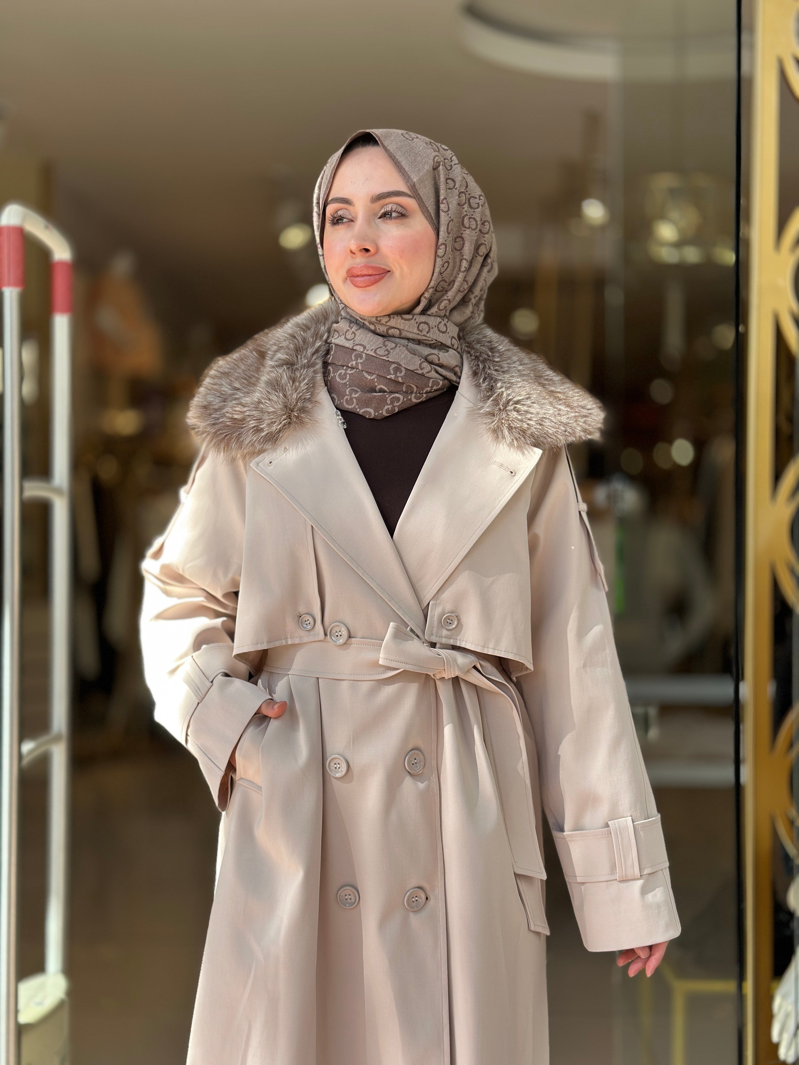 Kürklü Rose Trençkot - Taş