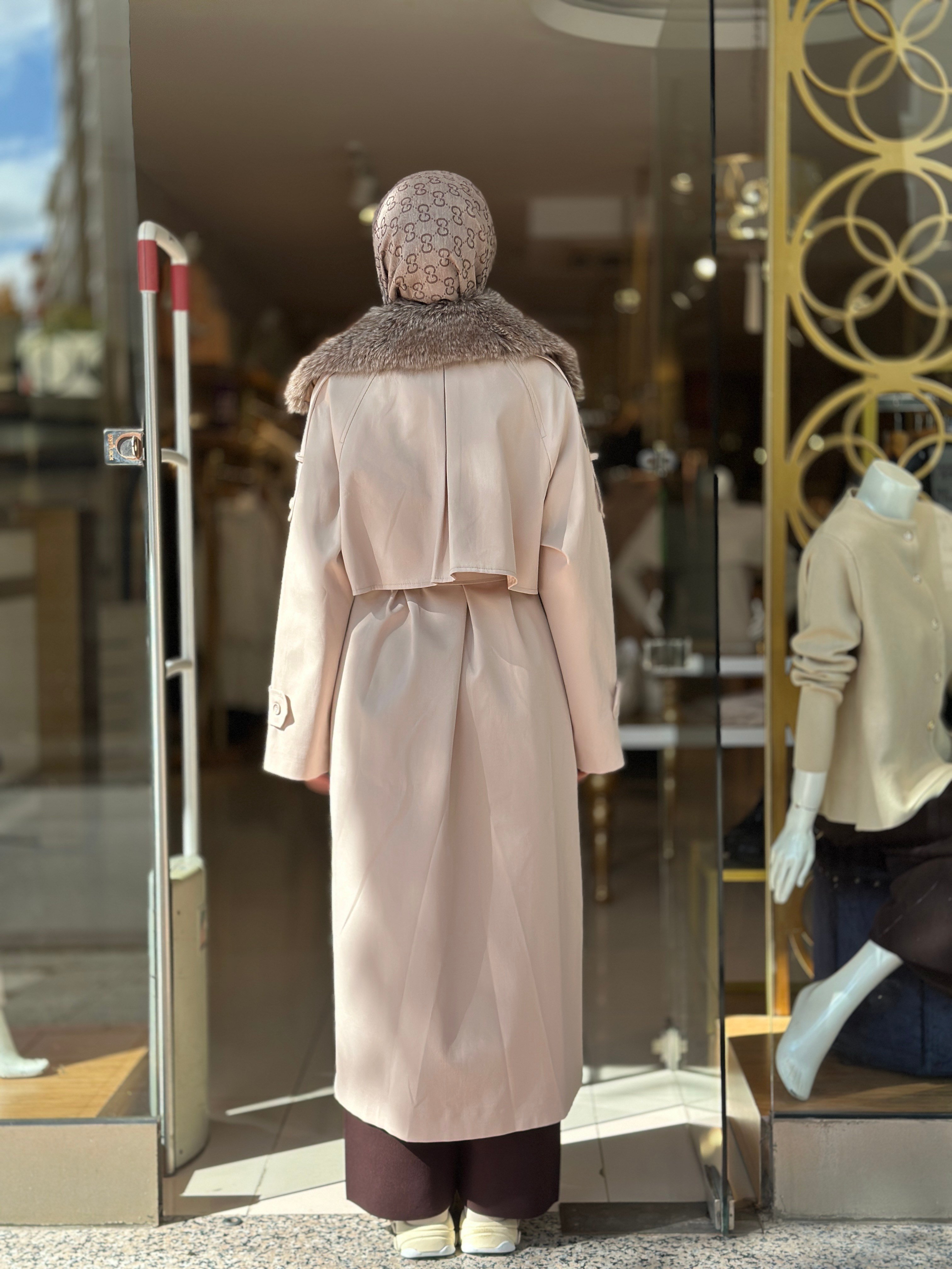 Kürklü Rose Trençkot - Taş