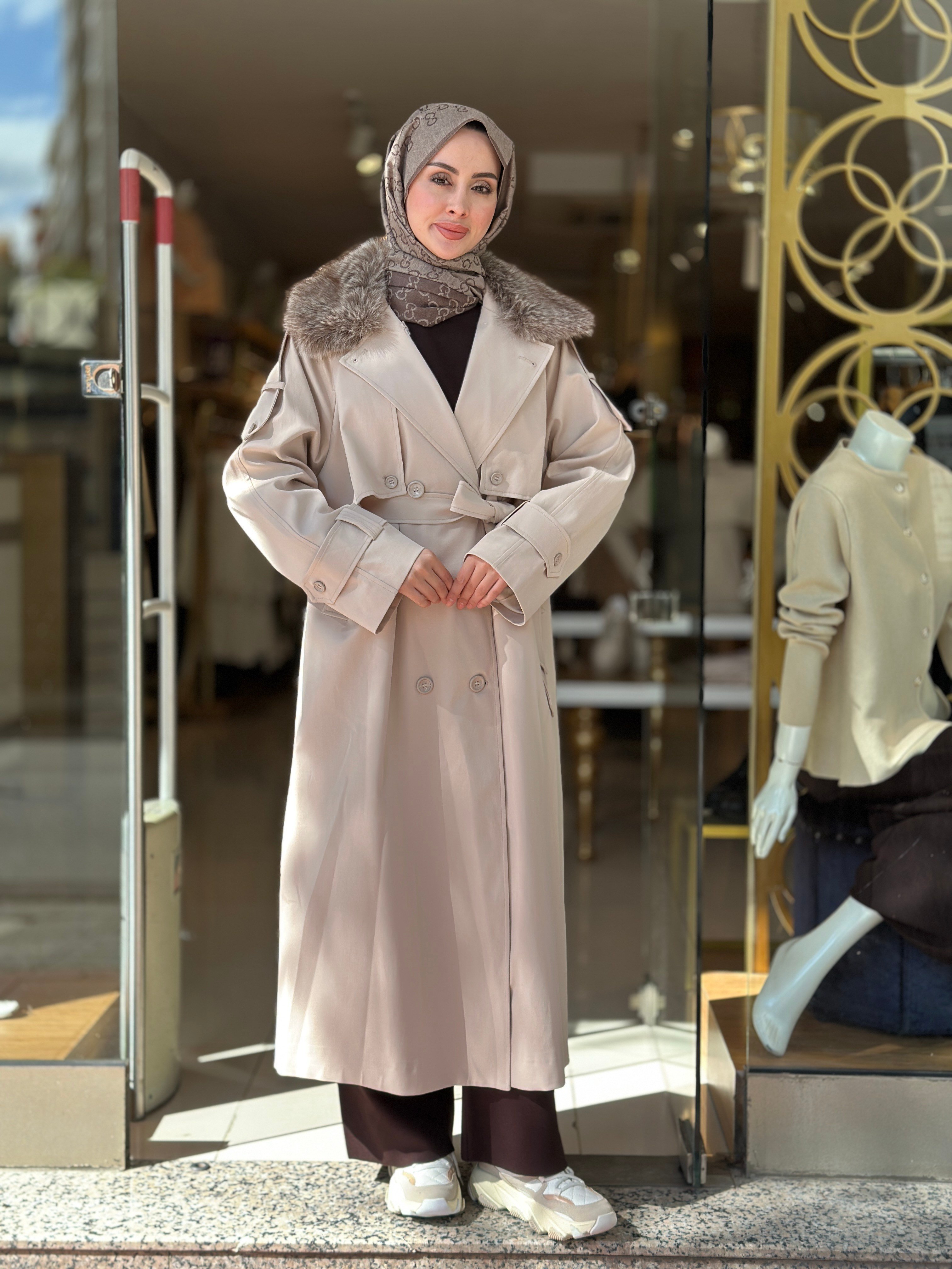 Kürklü Rose Trençkot - Taş