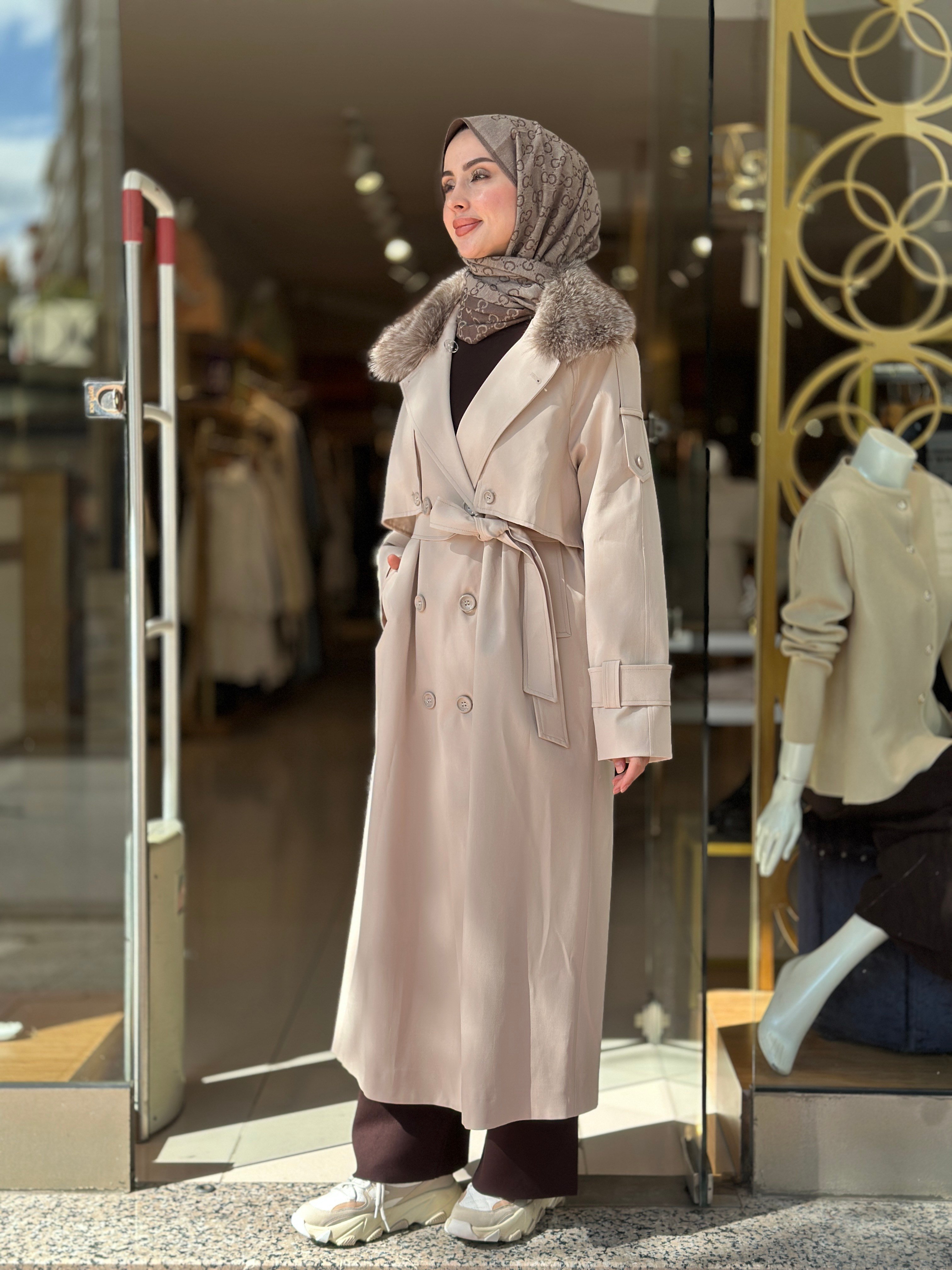 Kürklü Rose Trençkot - Taş
