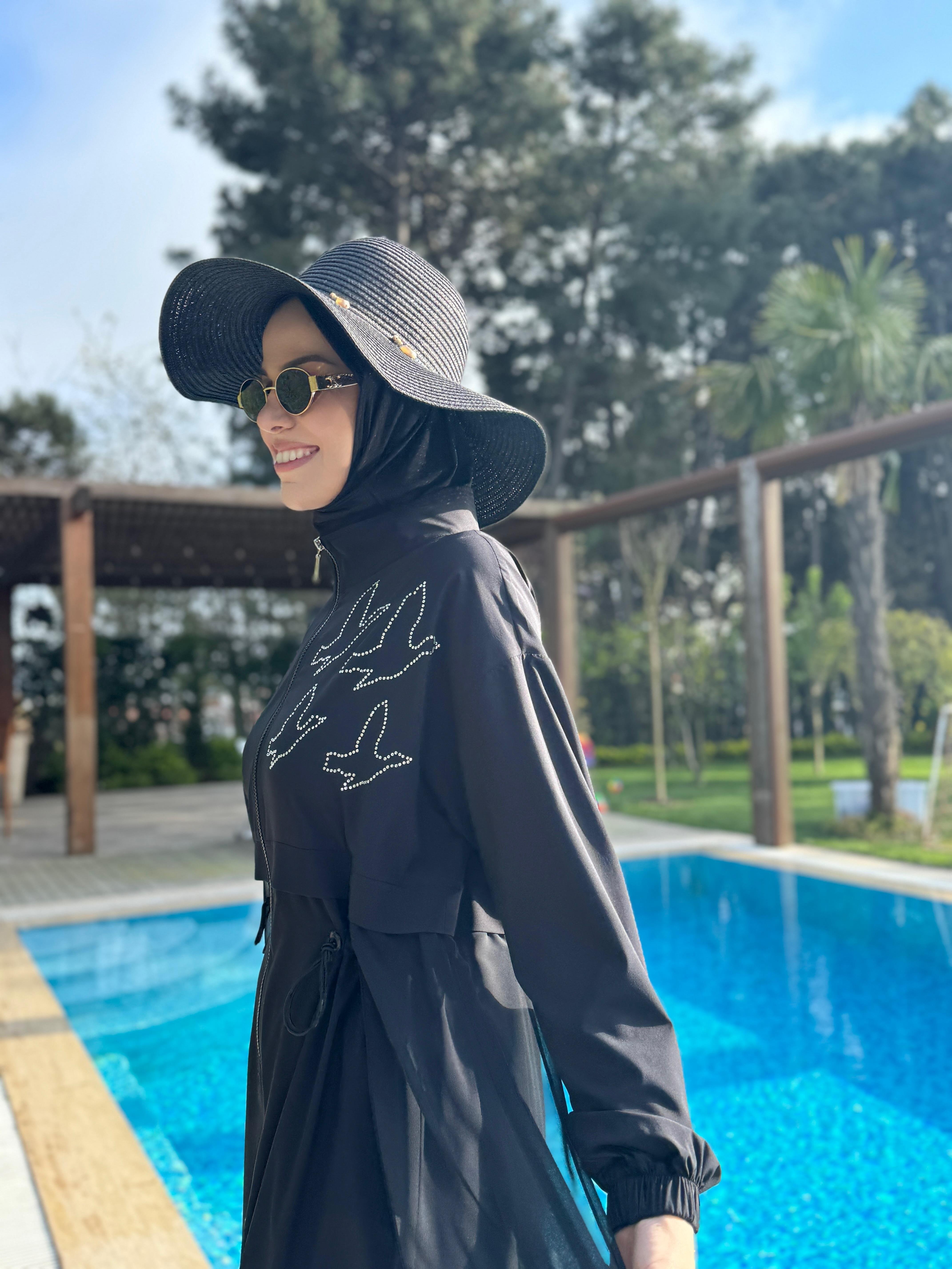 Kuş detaylı Tesettür Mayo - Siyah