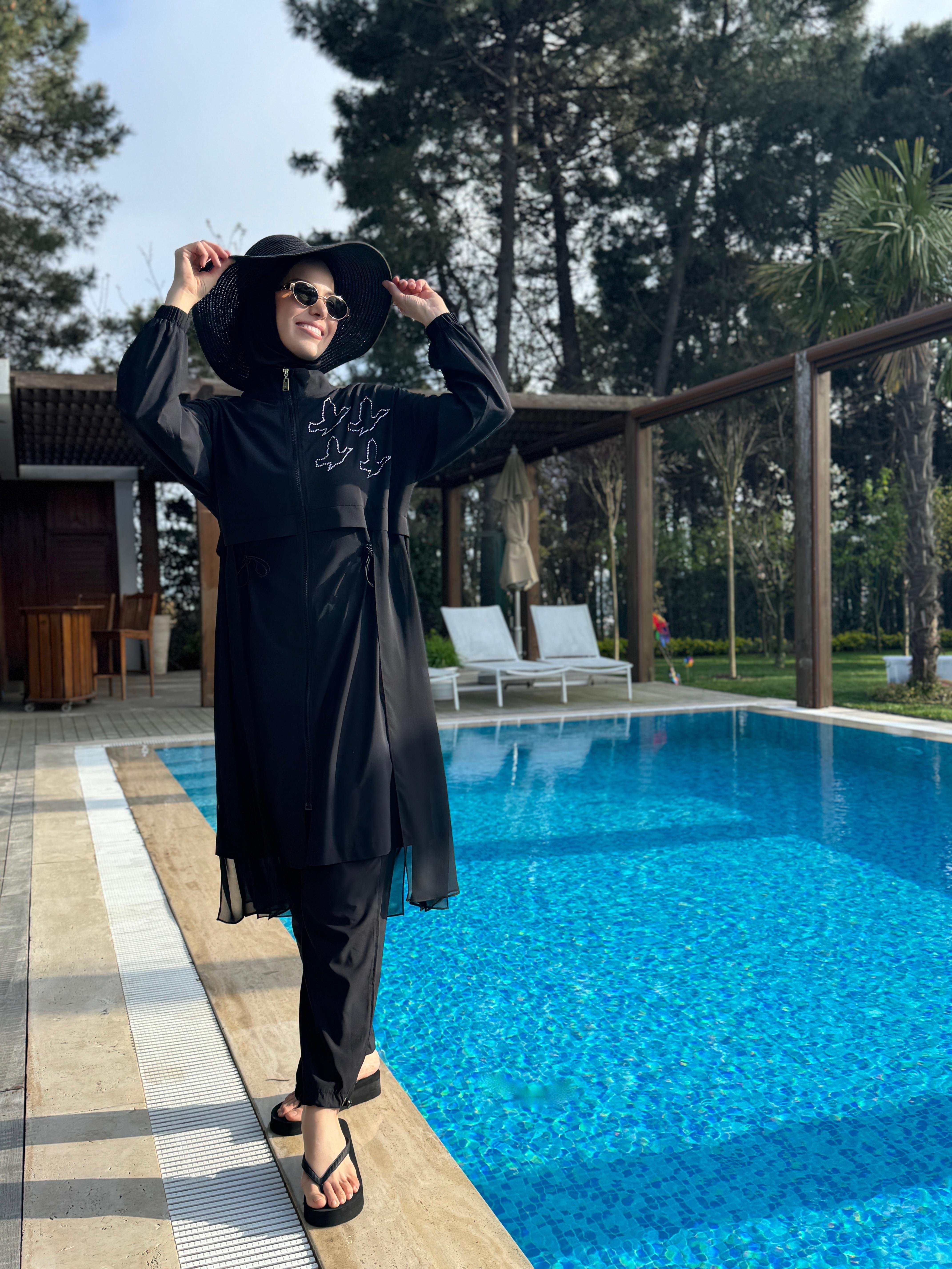 Kuş detaylı Tesettür Mayo - Siyah
