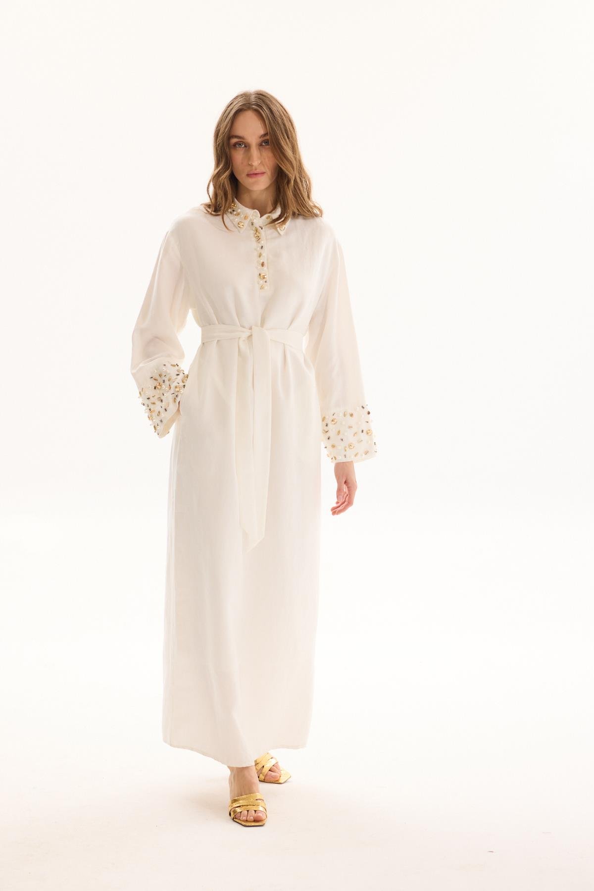 Linen Keten Elbise - Ekru