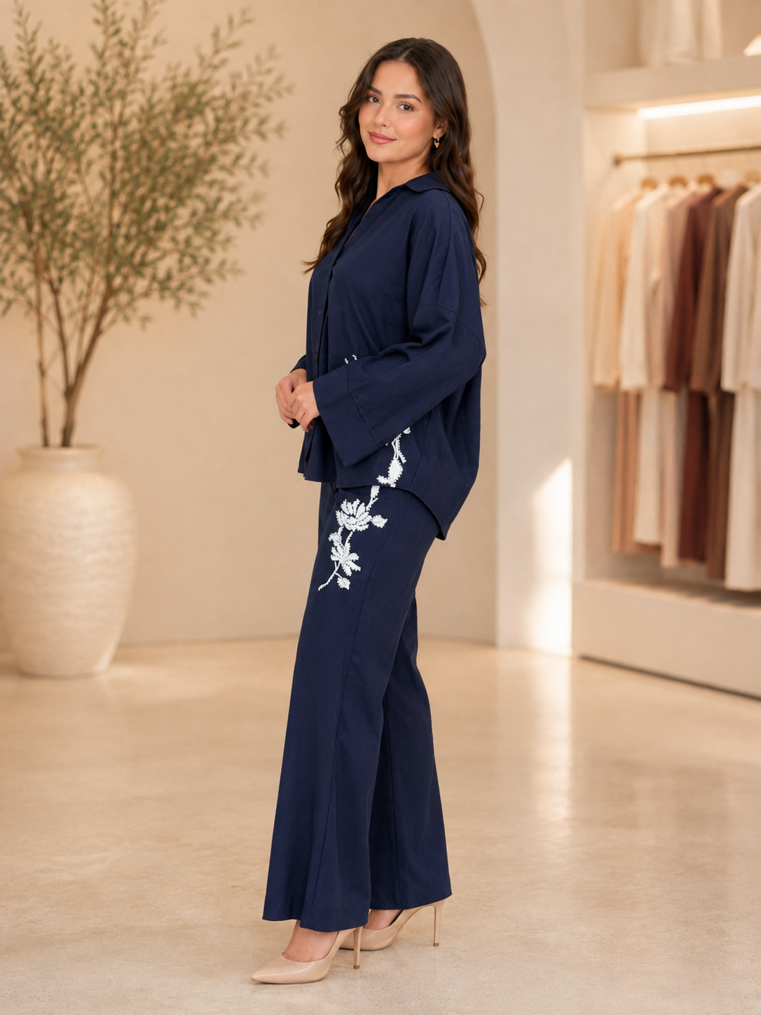 Linen Nakışlı Takım - Lacivert 
