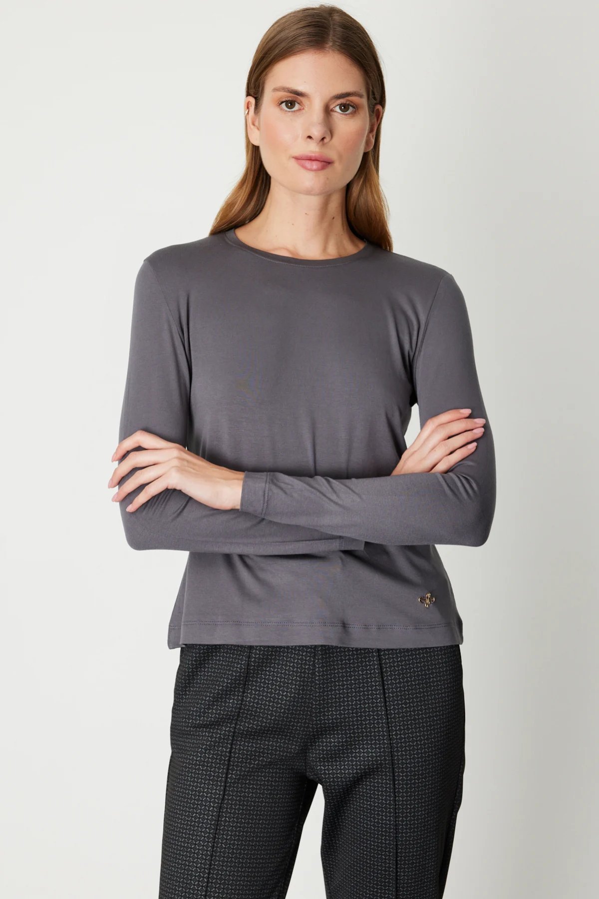 Metal Aksesuarlı Sıfır Yaka Basic Bluz - Antresit