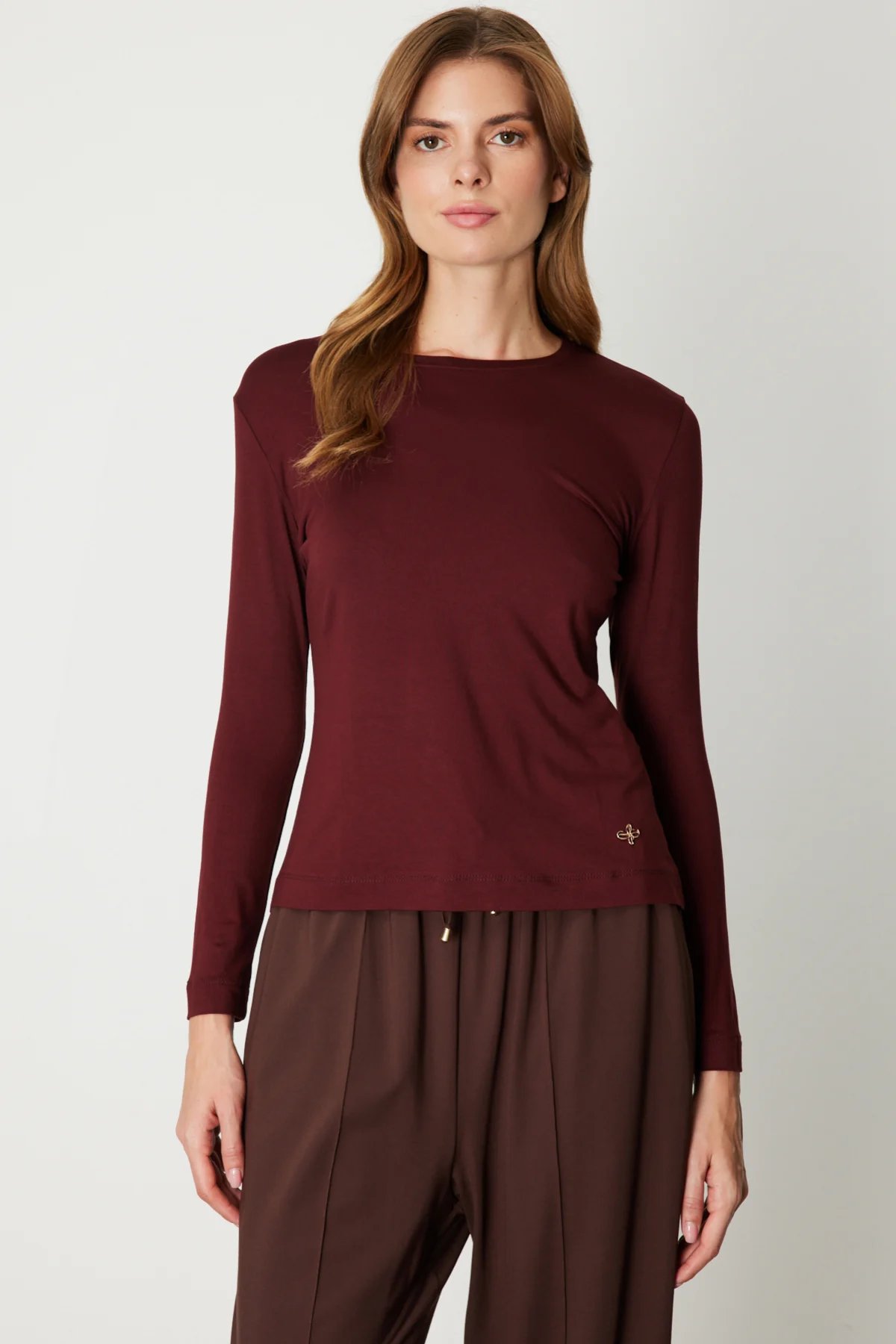 Metal Aksesuarlı Sıfır Yaka Basic Bluz - Bordo