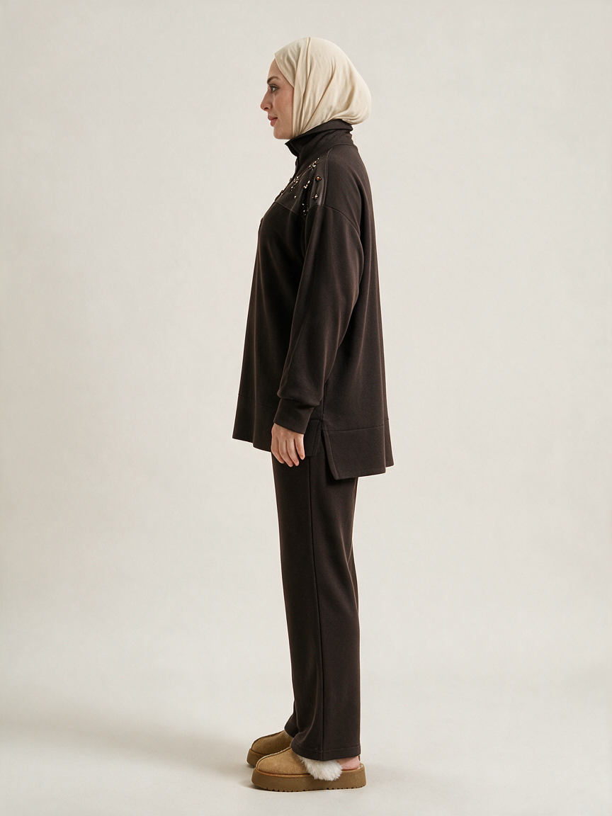 Modal Sweatshirt Pantolon Takım - Kahve