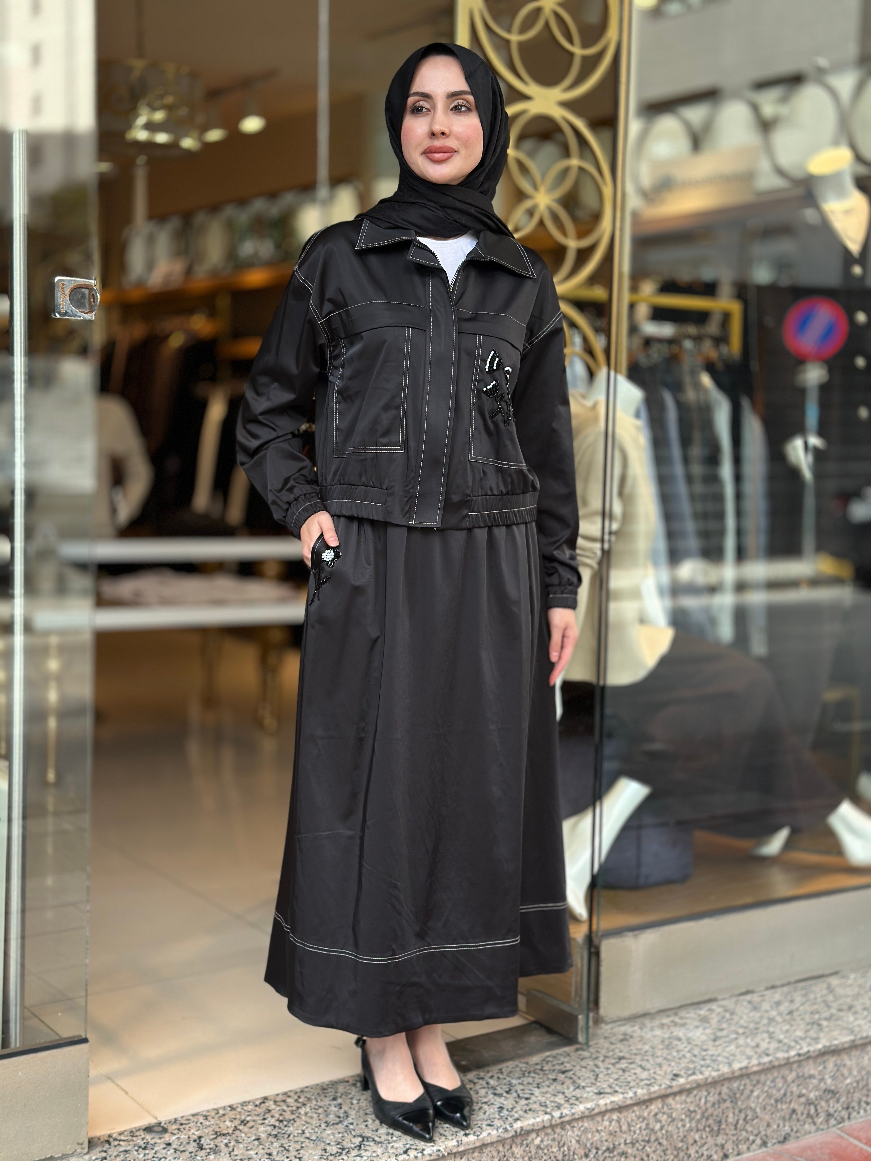 Nora Nakışlı Ceket Takım - Siyah