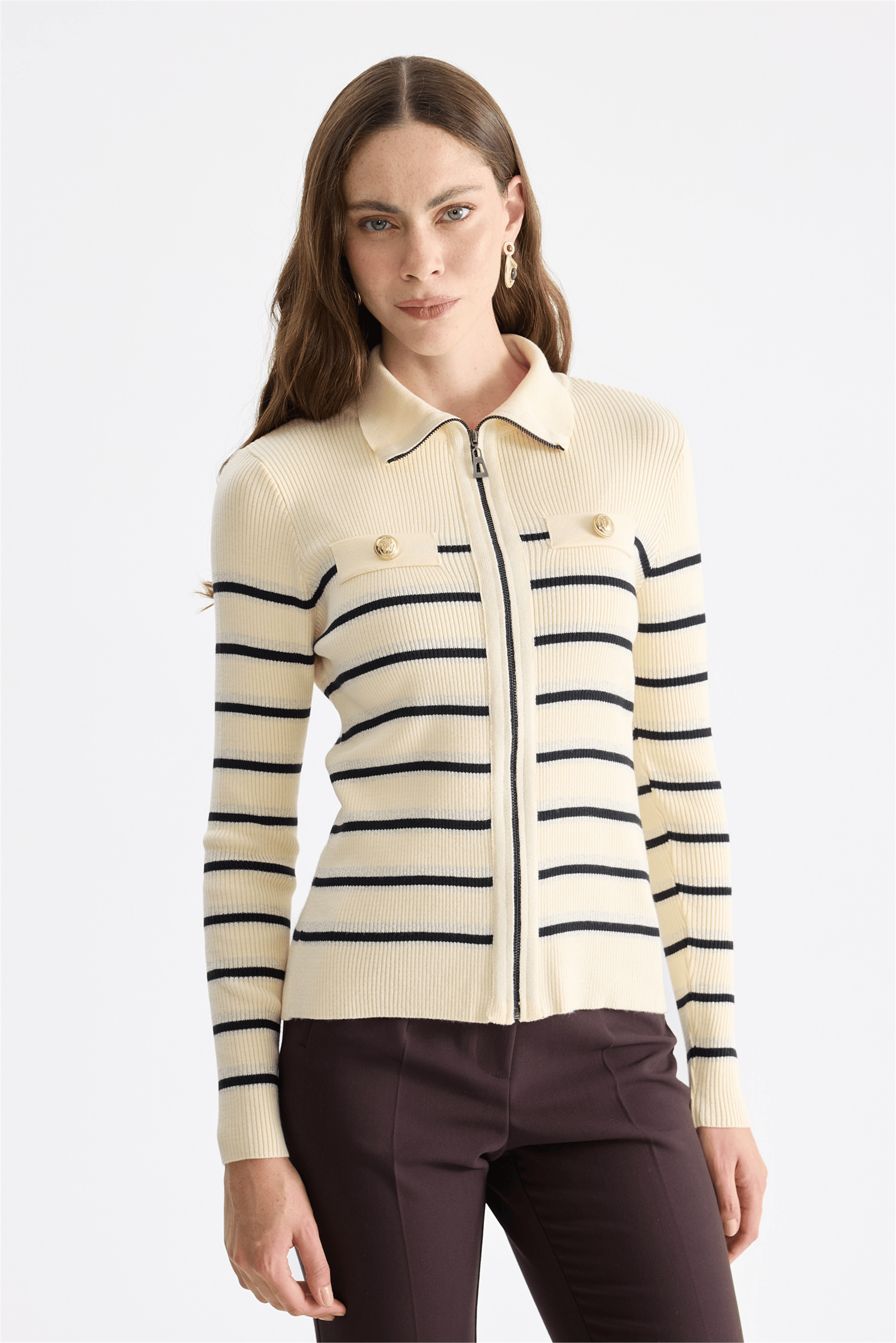 ON FASHION 15907 HIRKA ÇİZGİLİ FERMUARLI DİK YAKA-Krem