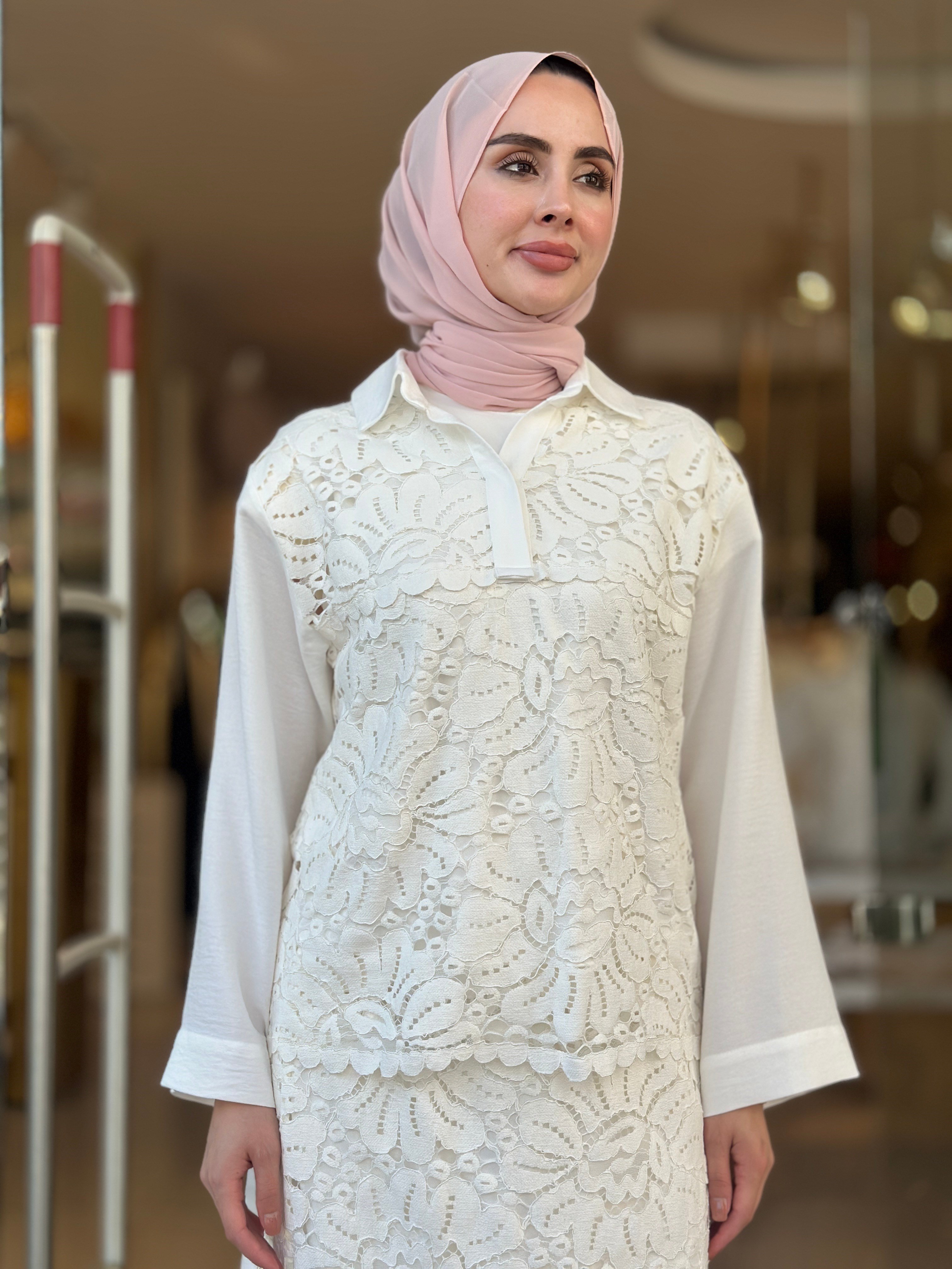 Poplin Brodeli Etekli Takım - Ekru 