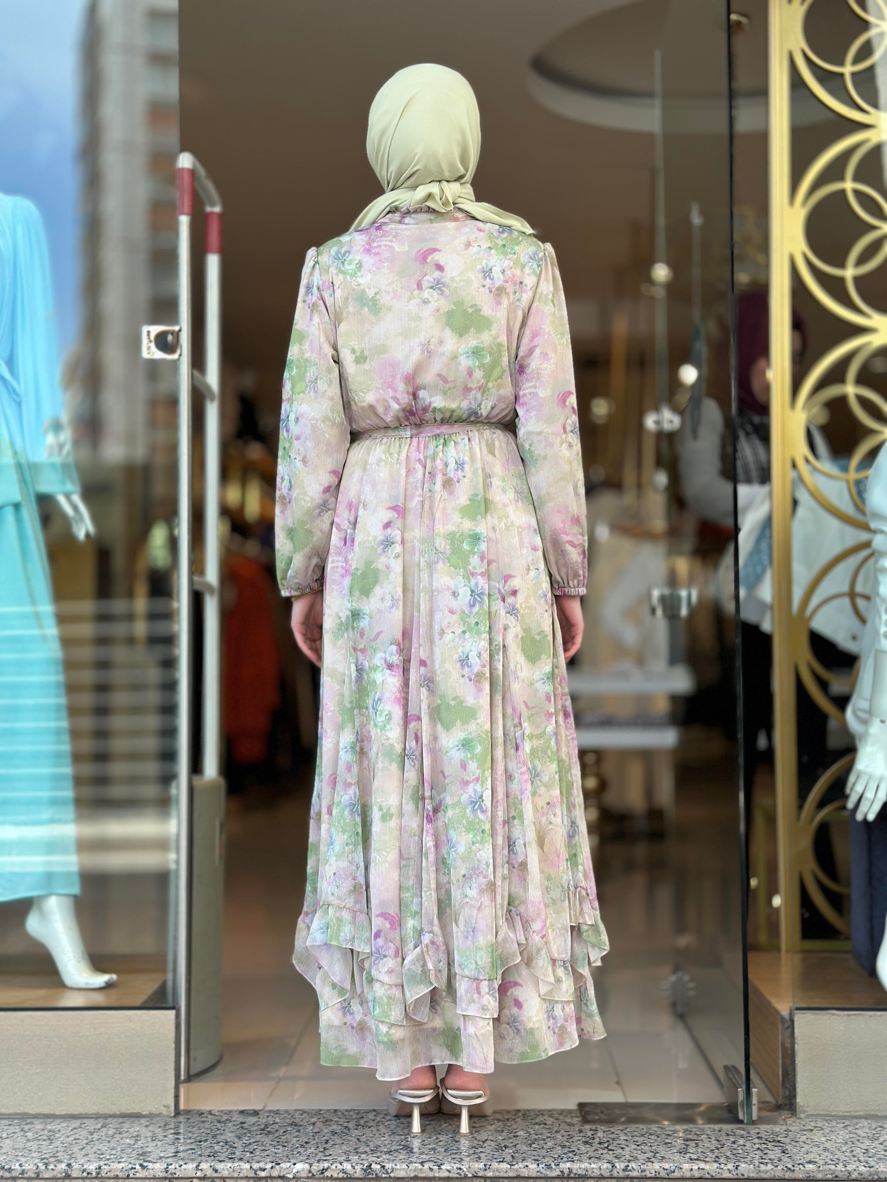 Şifon Çiçek Desenli Şık Elbise - Pembe 