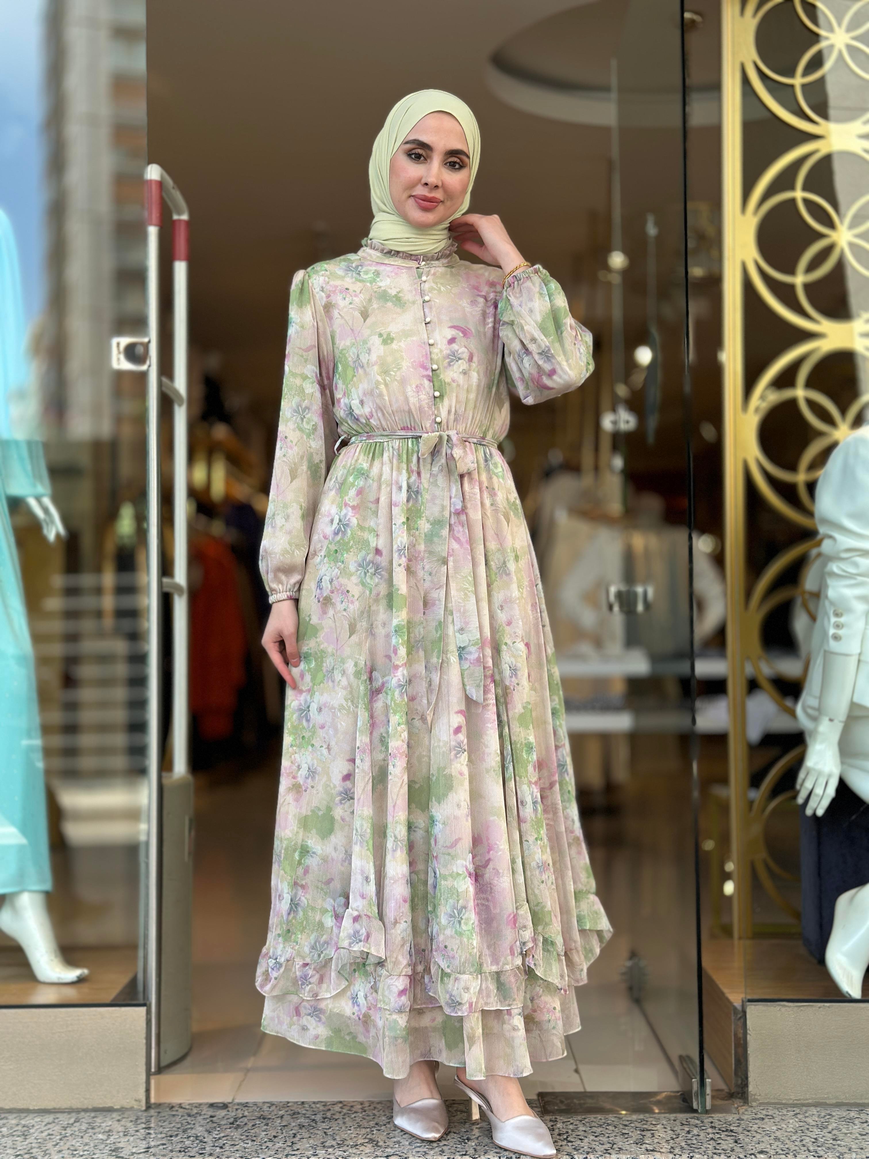 Şifon Çiçek Desenli Şık Elbise - Pembe 