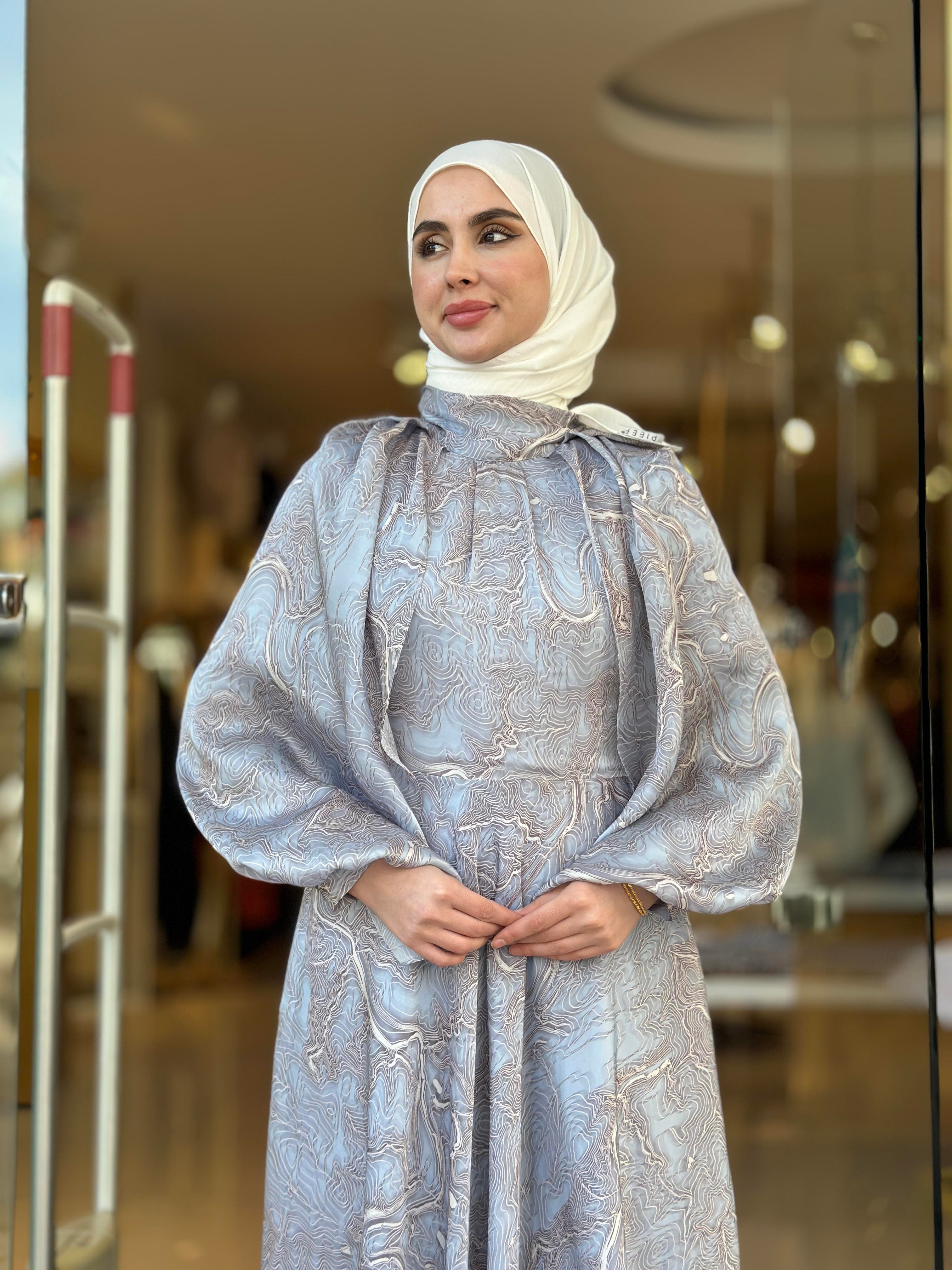 Şifon Desenli Şık Elbise - Mavi