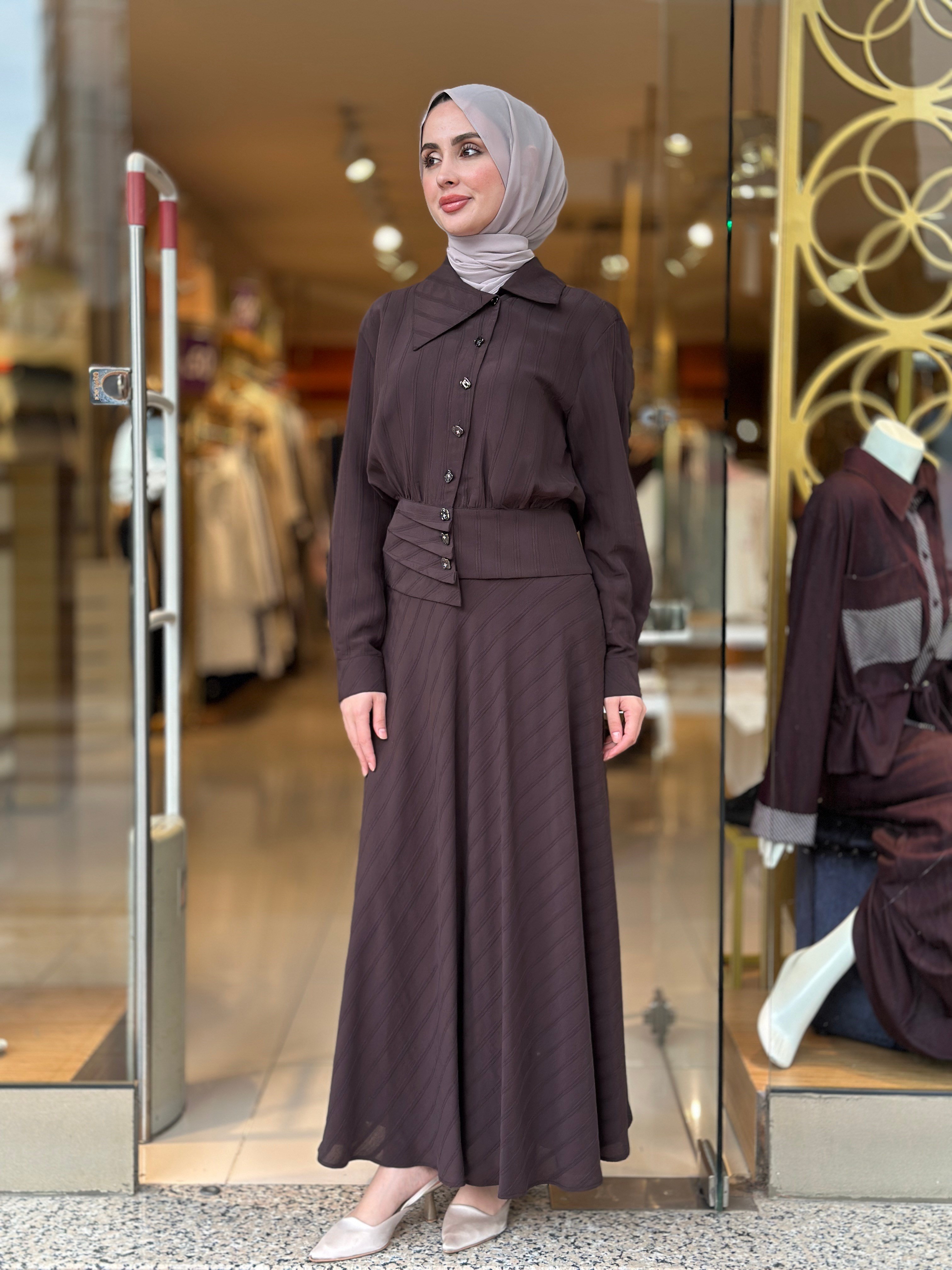 Şık Drape Detaylı Takım - Kahve