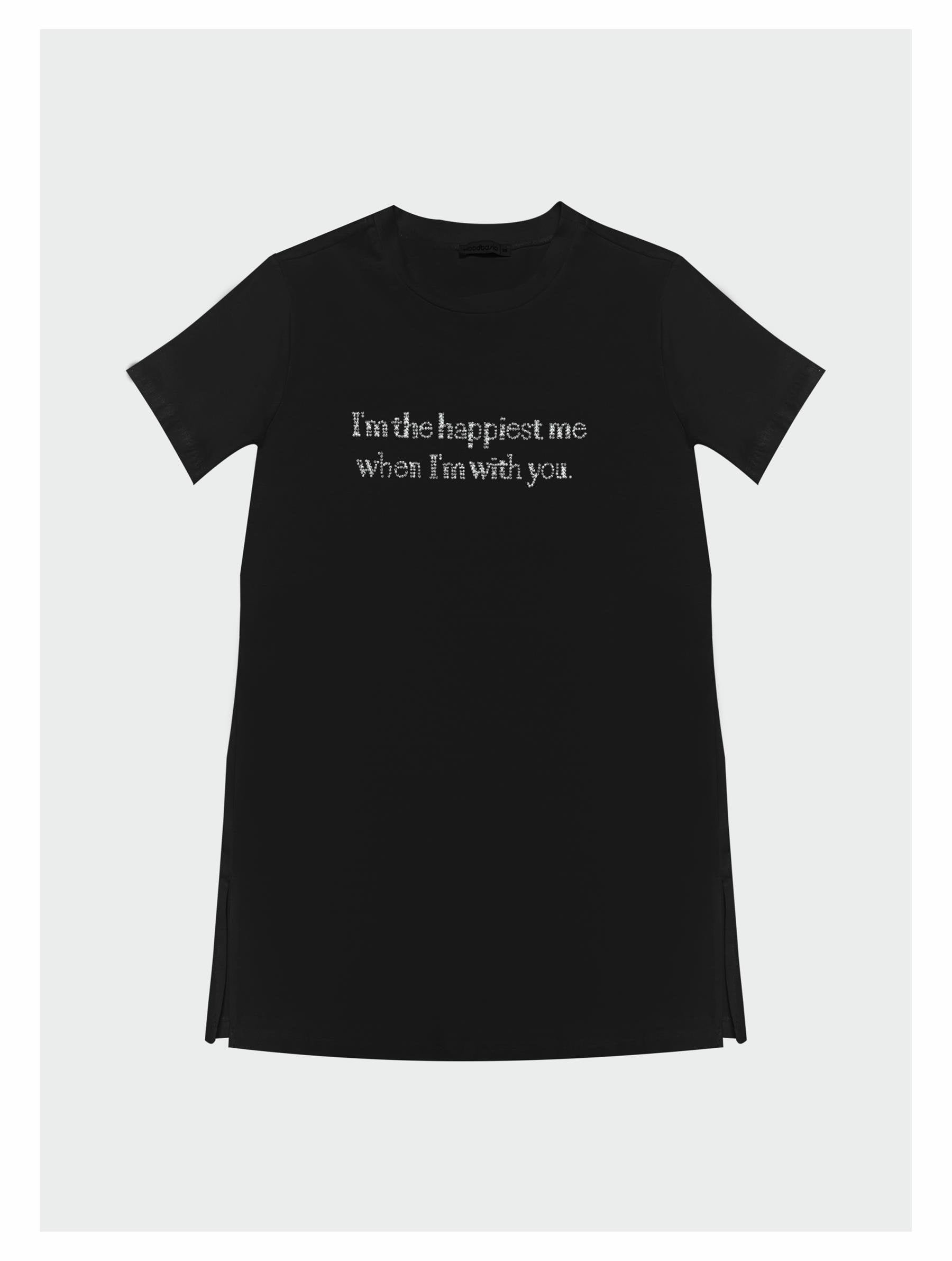 Taşlı Yazılı T-shirt - Siyah