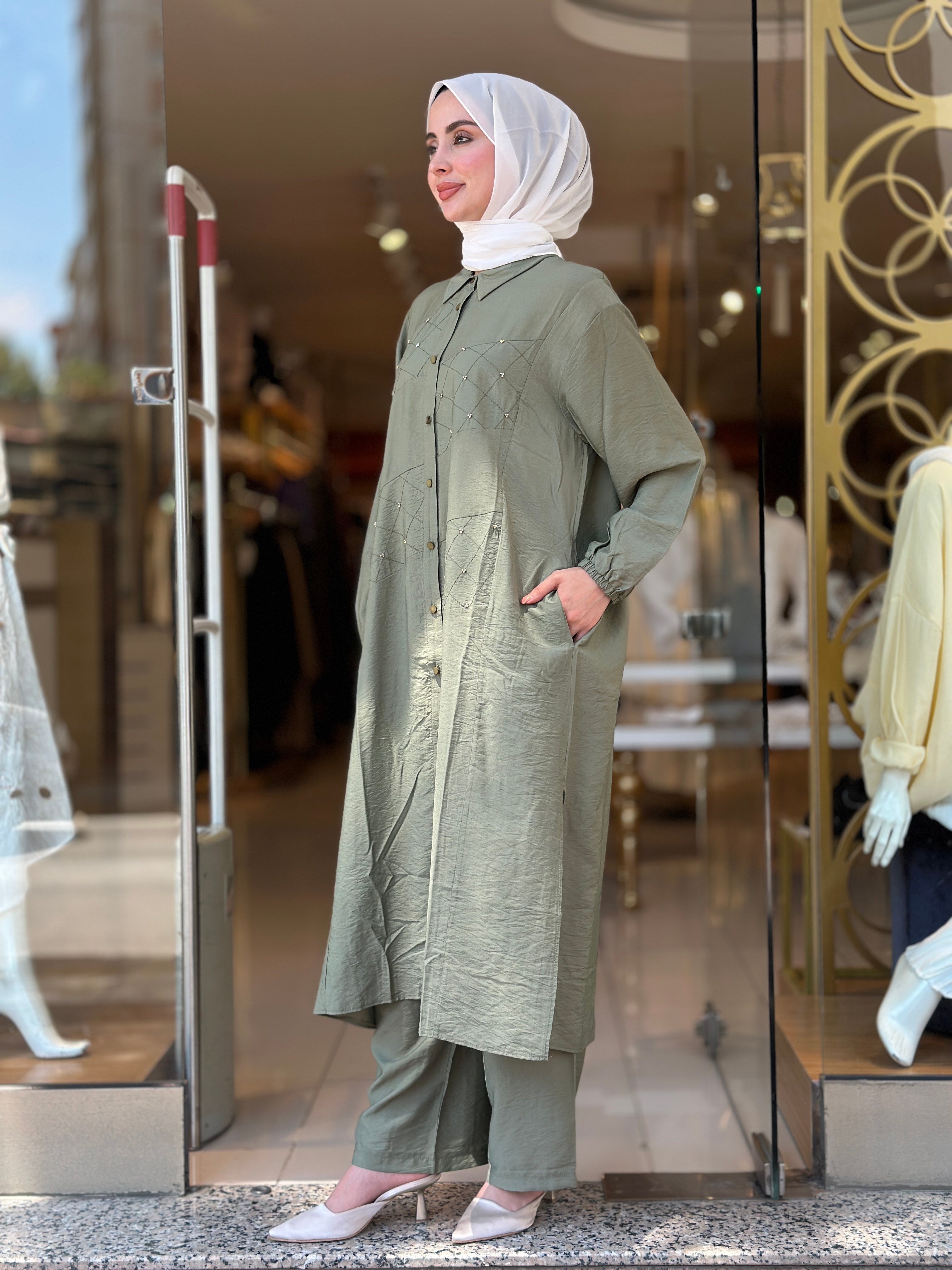 Tencel Taş İşlemeli Takım - Haki 