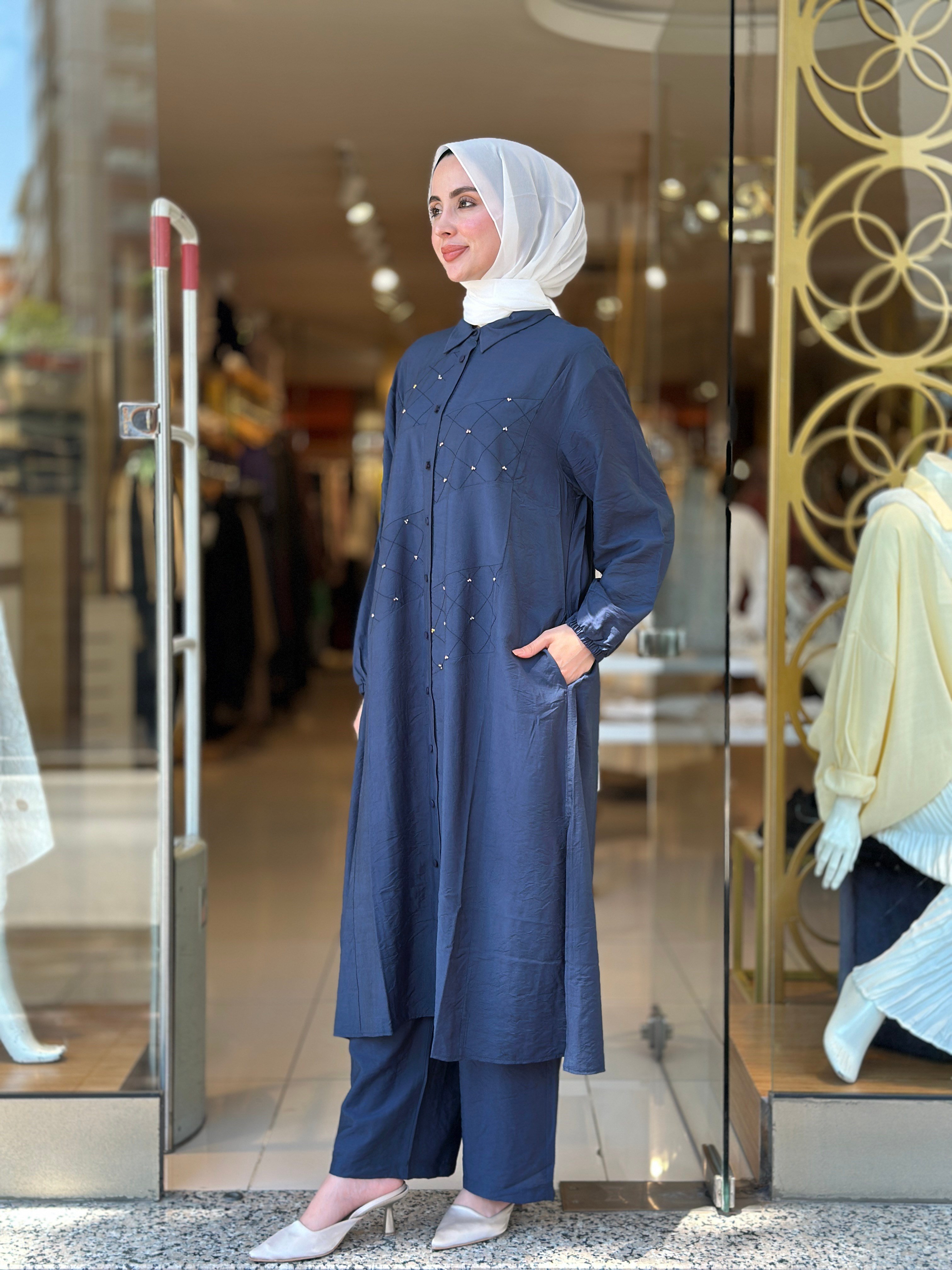 Tencel Taş İşlemeli Takım - Lacivert