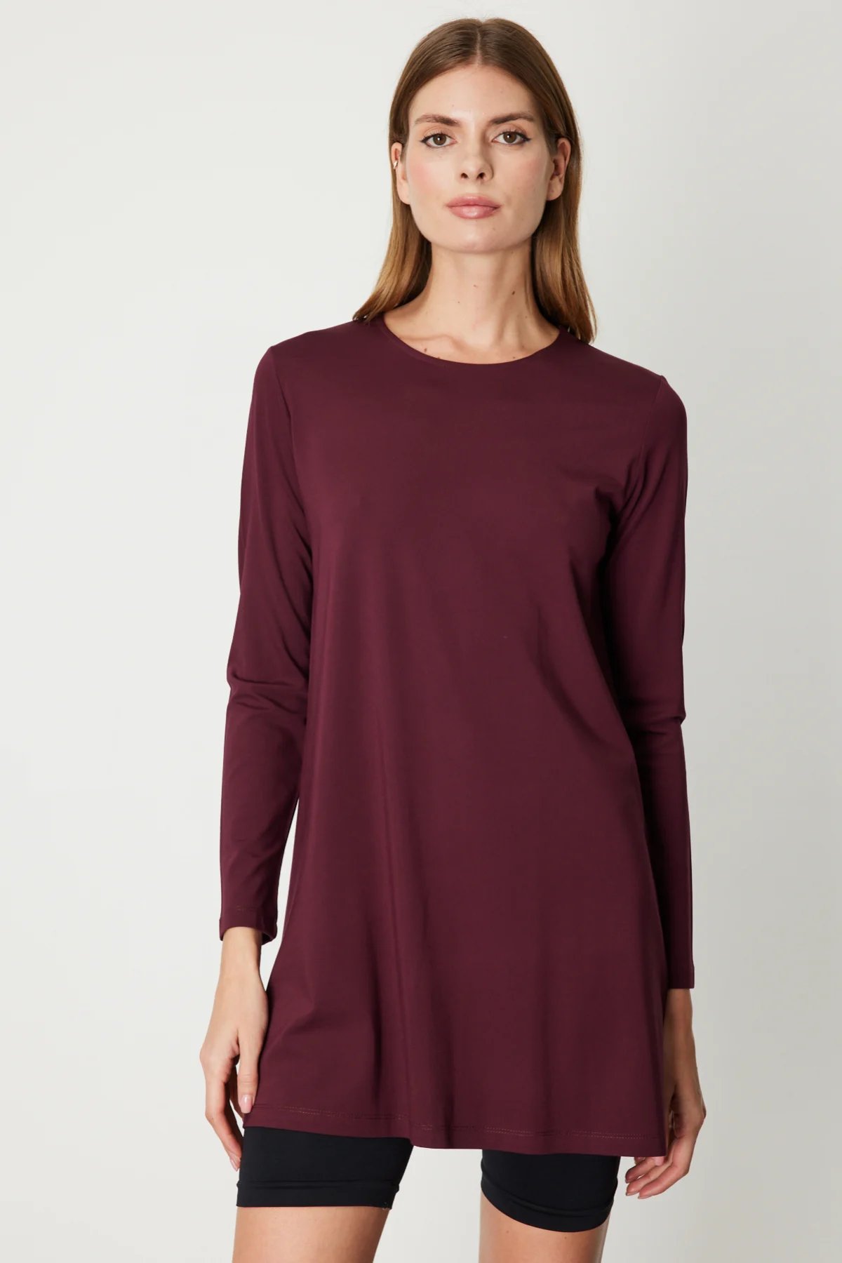 Uzun Kollu Basic Tunik - Bordo