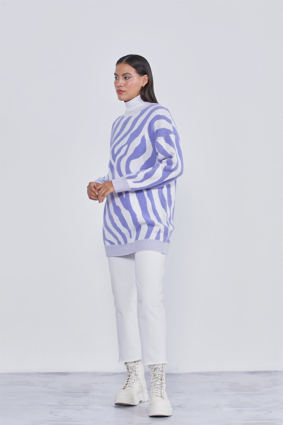 Zebra Desen Triko Kazak - Lila