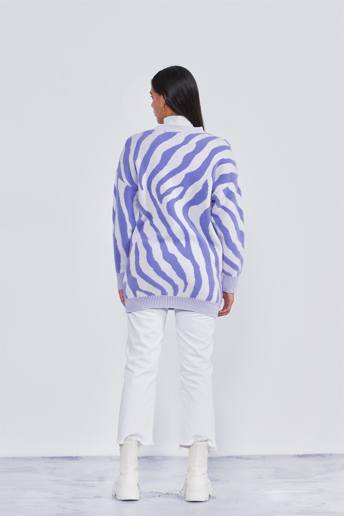 Zebra Desen Triko Kazak - Lila