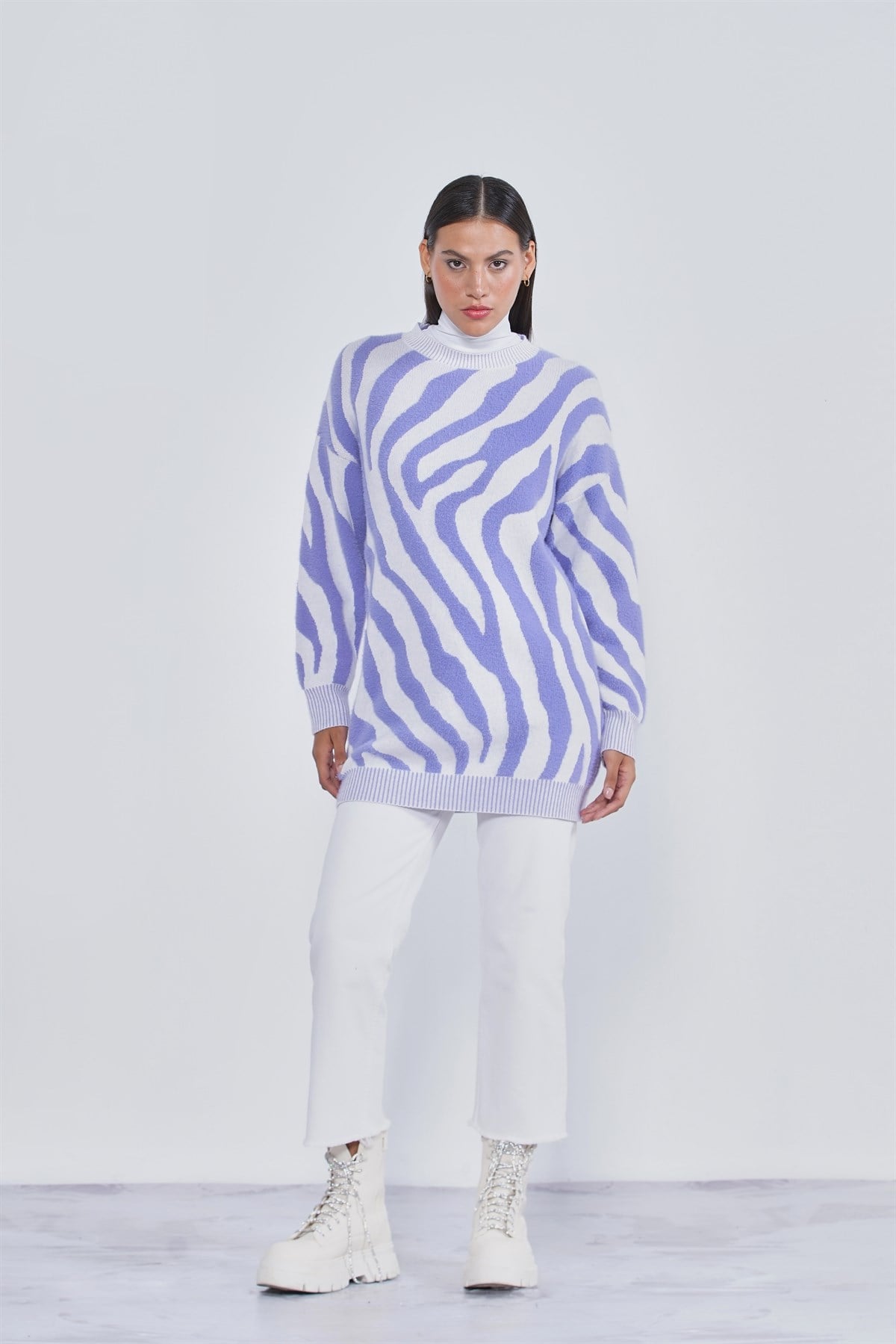Zebra Desen Triko Kazak - Lila