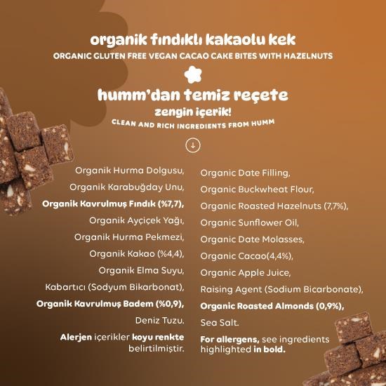 Organik Glutensiz Vegan Kakaolu ve Fındıklı Kek Atıştırmalık Paketi - 3 adet