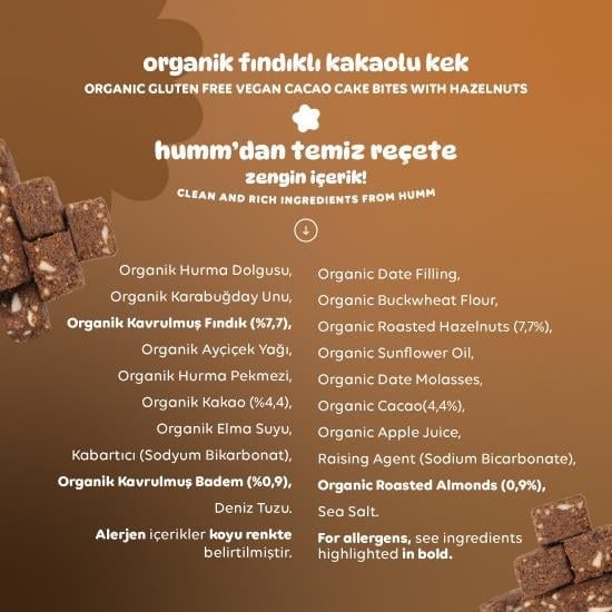 Organik Glutensiz Vegan Kakaolu ve Fındıklı Kek Atıştırmalık Paketi - 6 adet