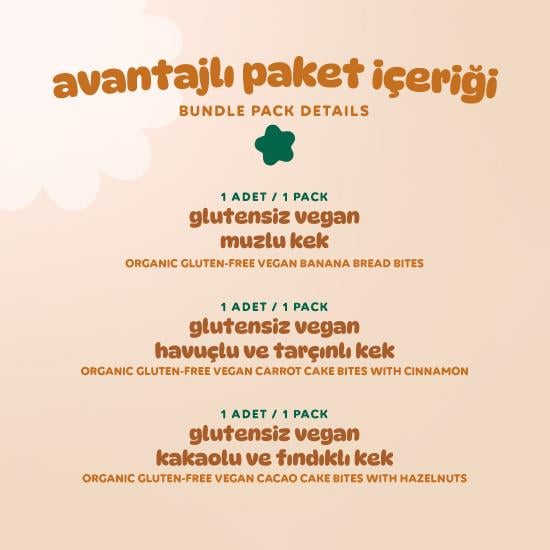 Organik Glutensiz Vegan Kek Atıştırmalık Paketi - 3 adet (3 çeşit)