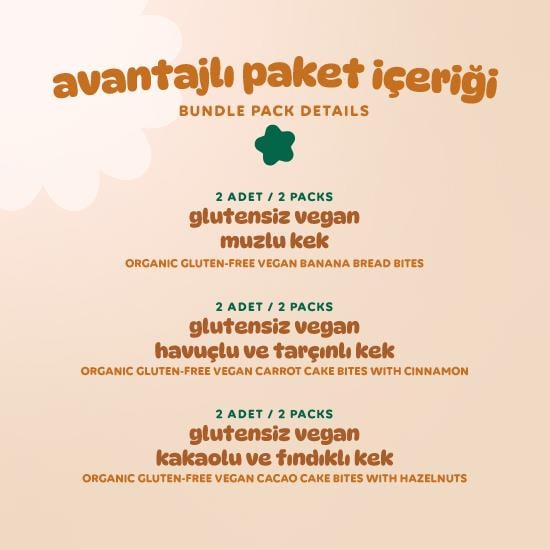 Organik Glutensiz Vegan Kek Atıştırmalık Paketi - 6 adet (3 çeşit)