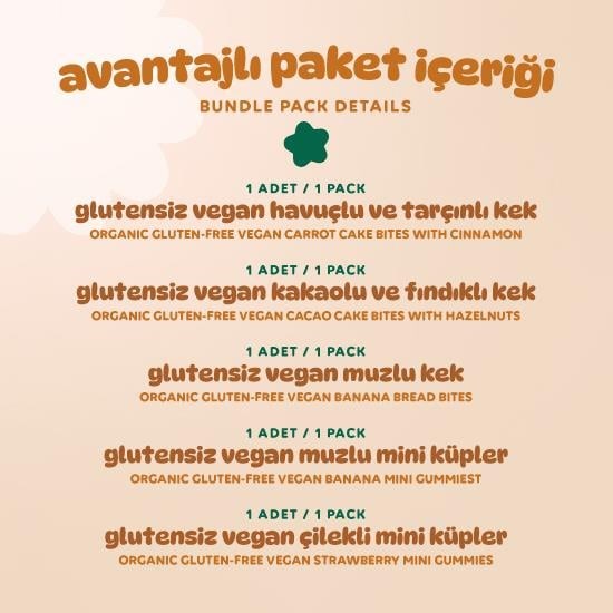 Organik Glutensiz Vegan Kek & Mini Küp Atıştımalık Paketi - 5 adet (5 çeşit)