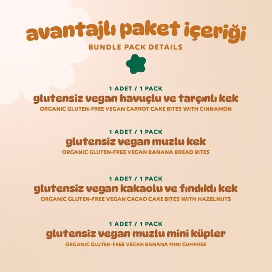 Organik Glutensiz Vegan Meyveli Küp & Kek Atıştırmalık Paketi - 4 adet (4 çeşit)