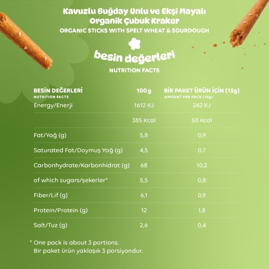 Organik Kavuzlu Buğday Unlu ve Ekşi Mayalı Çubuk Kraker - 6 Adet