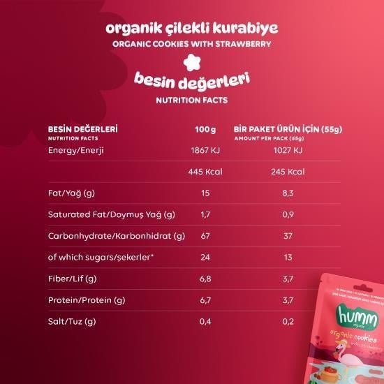 Organik Vegan Çilekli Kurabiye Atıştırmalık Paketi - 12 adet