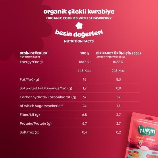 Organik Vegan Çilekli Kurabiye Atıştırmalık Paketi - 12 adet