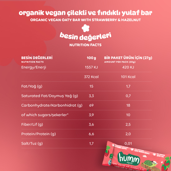 Organic Vegan Strawberry and Hazelnut Oat Bar - 6 Pieces