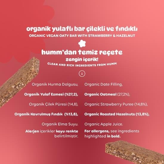 Organik Vegan Çilekli ve Fındıklı Yulaf Bar - 12 adet