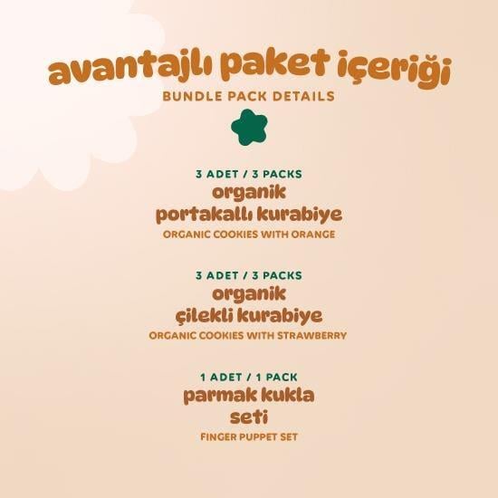 Organik Vegan Çilekli ve Portakallı Kurabiye Atıştırmalık Paketi Parmak Kukla Hediyeli - 6 adet (2 çeşit)