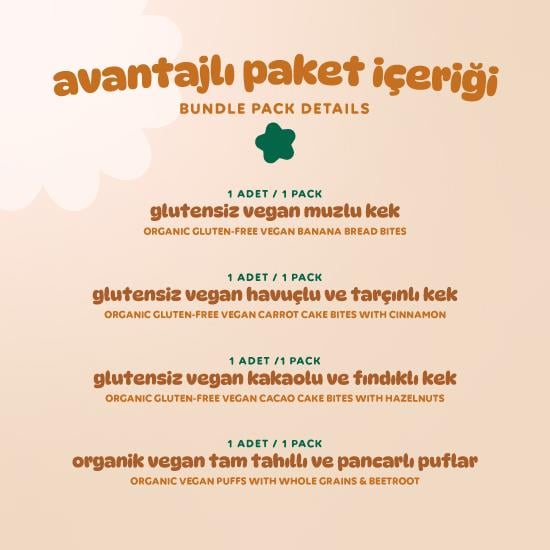 Organik Vegan Puf & Glutensiz Kek Atıştırmalık Paketi - 4 adet (4 çeşit)