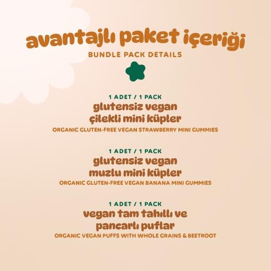 Organik Vegan Puf & Meyveli Mini Küpler Atıştırmalık Paketi - 3 Adet (3 çeşit)